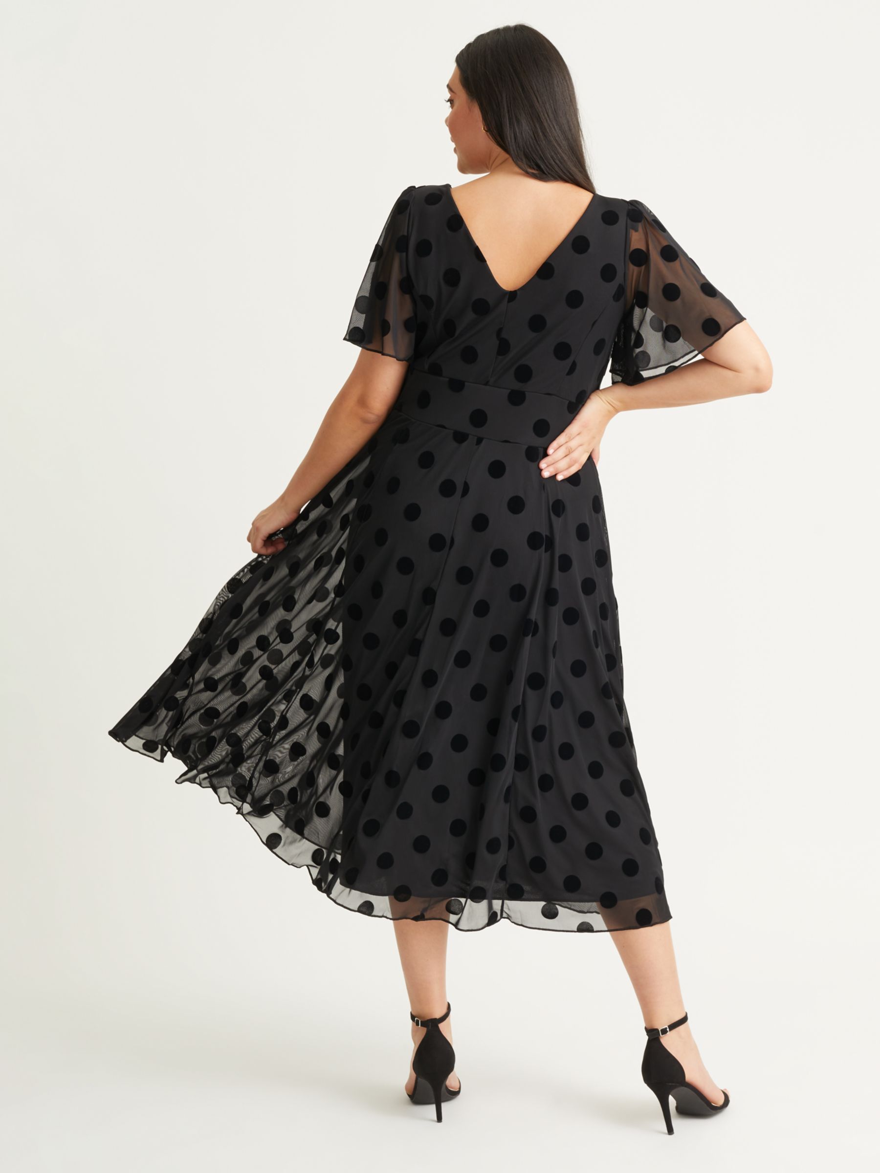 Scarlett & Jo Victoria Spot Print Angel Sleeve Midi Dress, Black Flock, 24