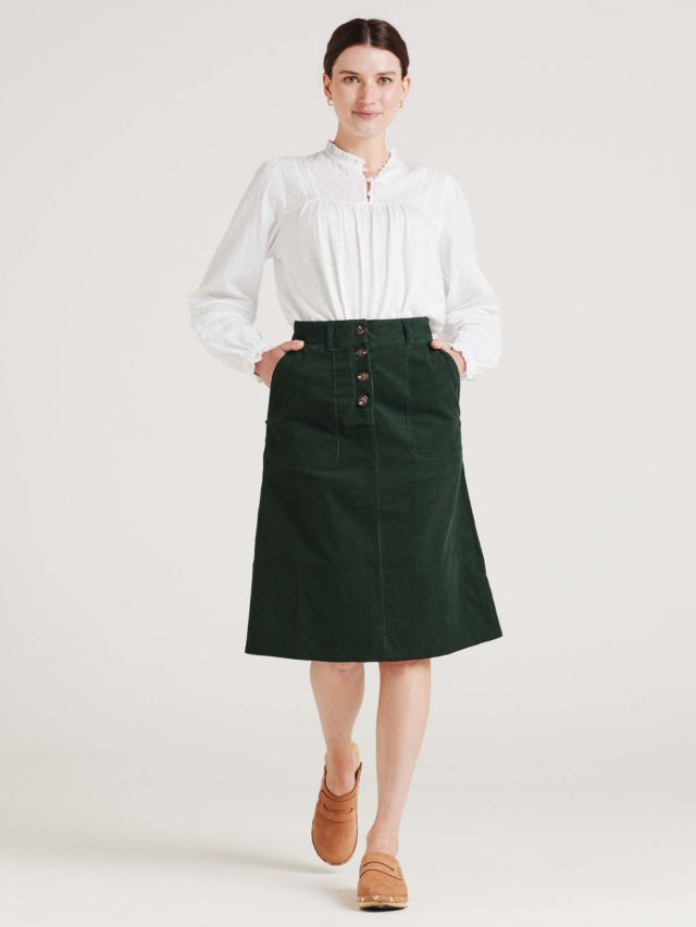 Thought Milou Organic Cotton Corduroy Midi Skirt, Forest Green, 6