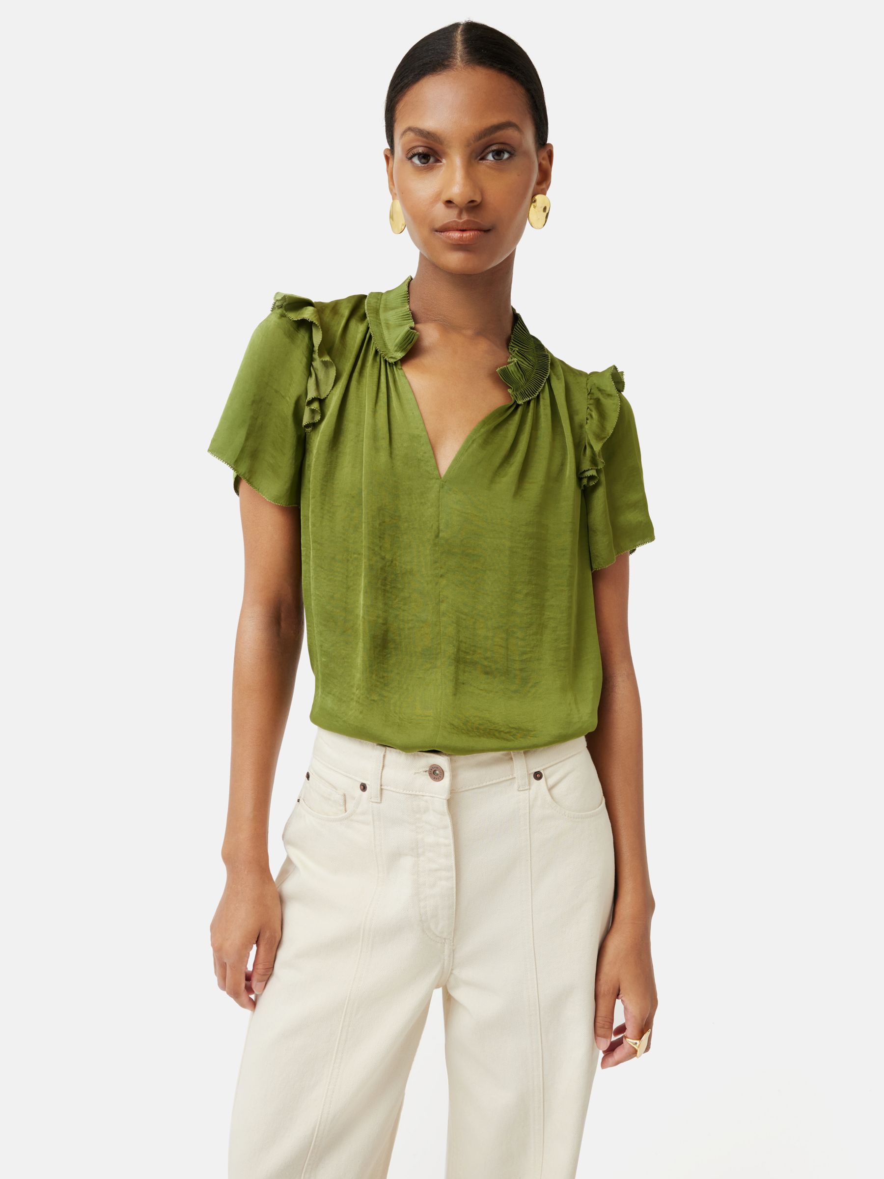 Jigsaw Recycled Satin Frill Trim Blouse, Green at John Lewis & Partners