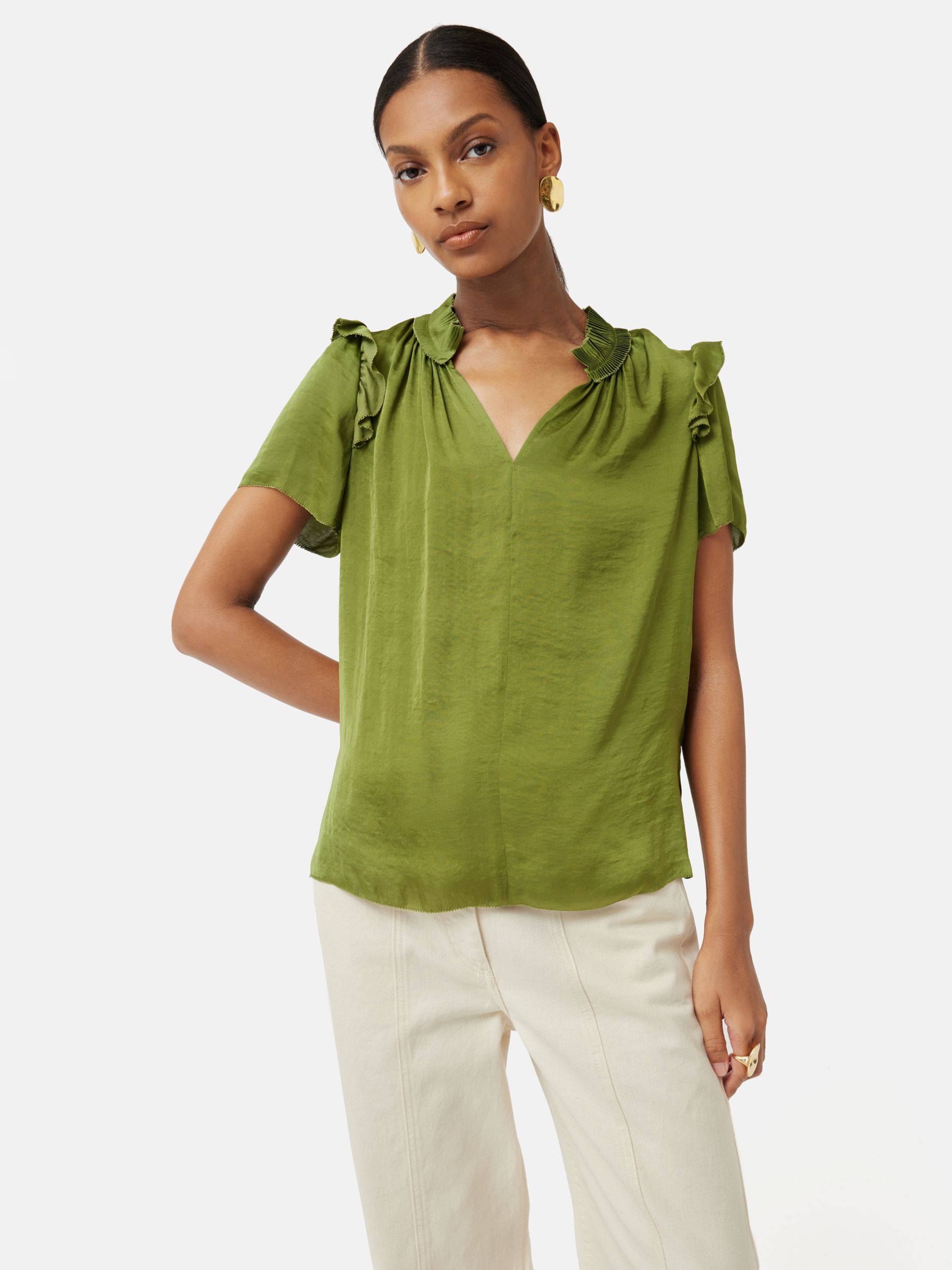 Jigsaw Recycled Satin Frill Trim Blouse, Green at John Lewis & Partners