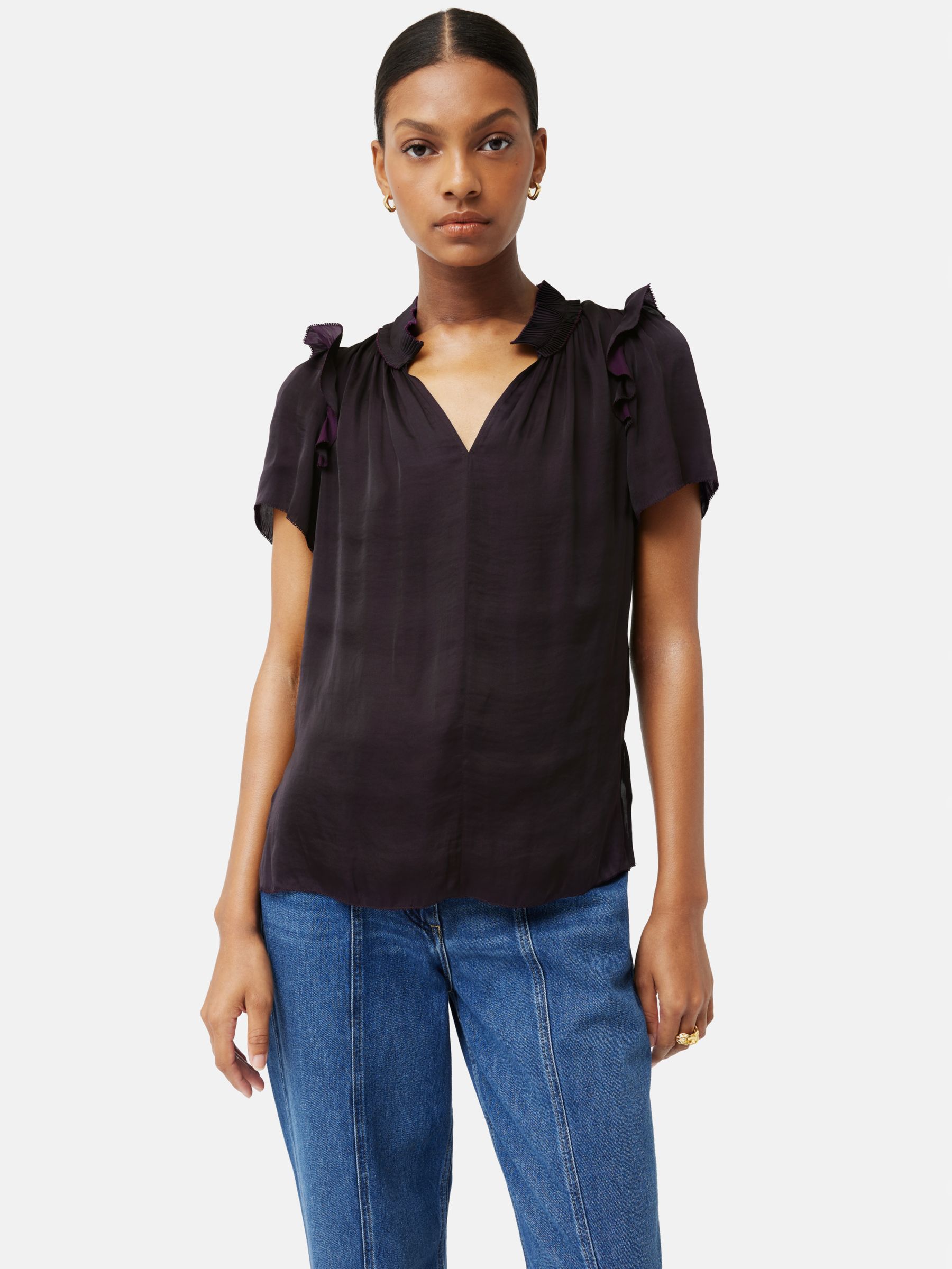 Jigsaw Recycled Satin Frill Trim Blouse, Purple at John Lewis & Partners