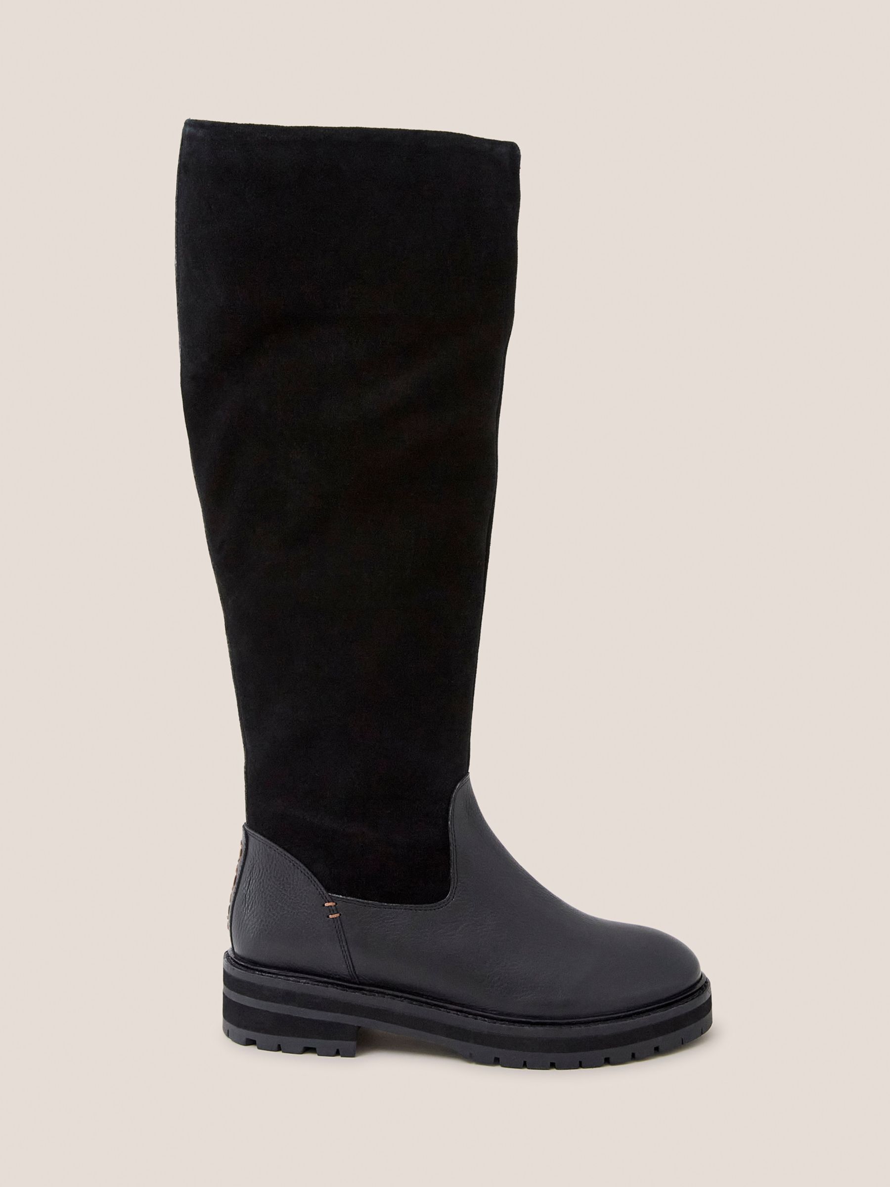 Women's Grey Coat, Black Leggings, Black Suede Knee High Boots, Multi  colored Print Scarf