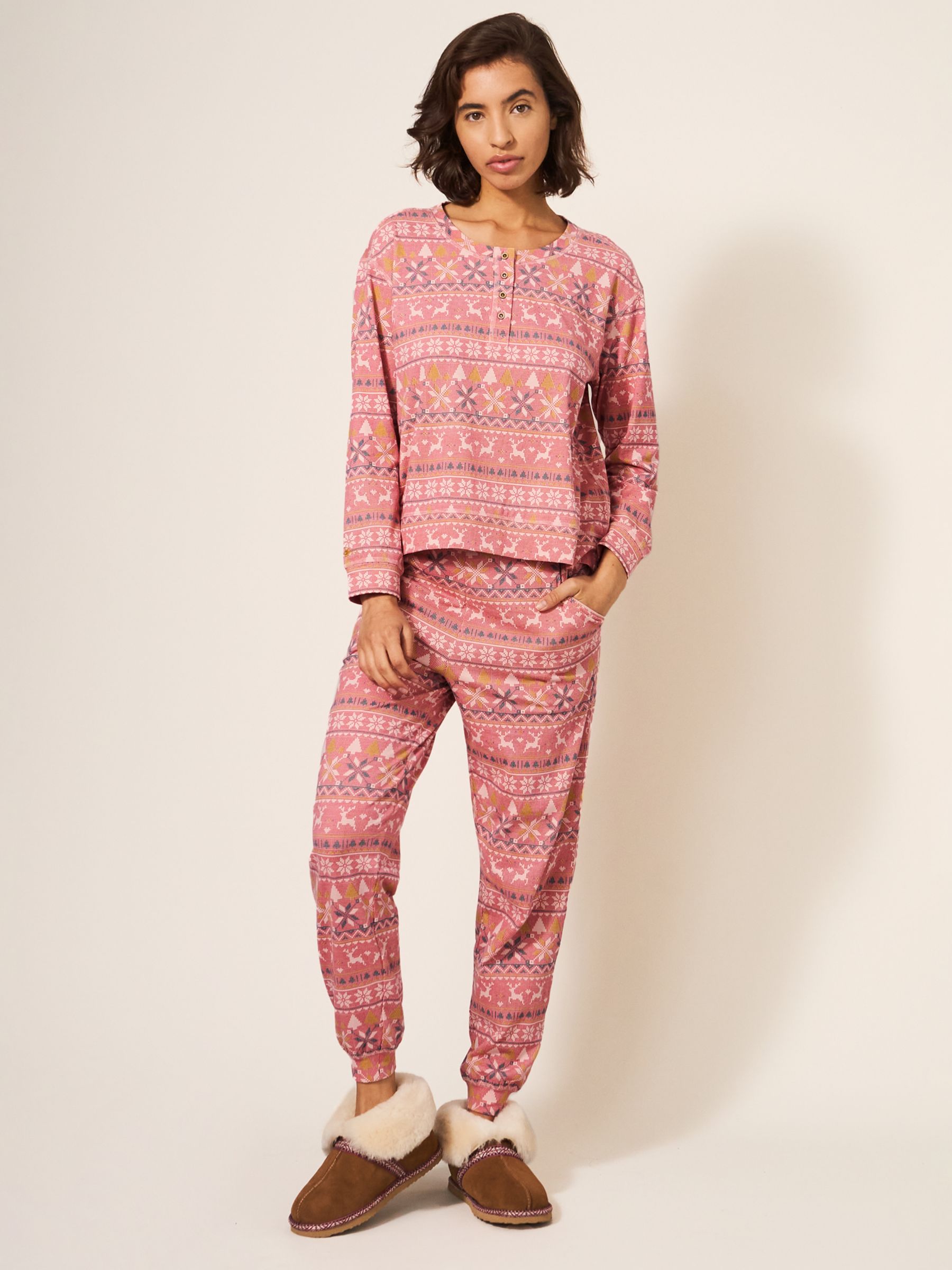 White Stuff Fairisle Reindeer Print Organic Cotton Blend Pyjama Joggers ...