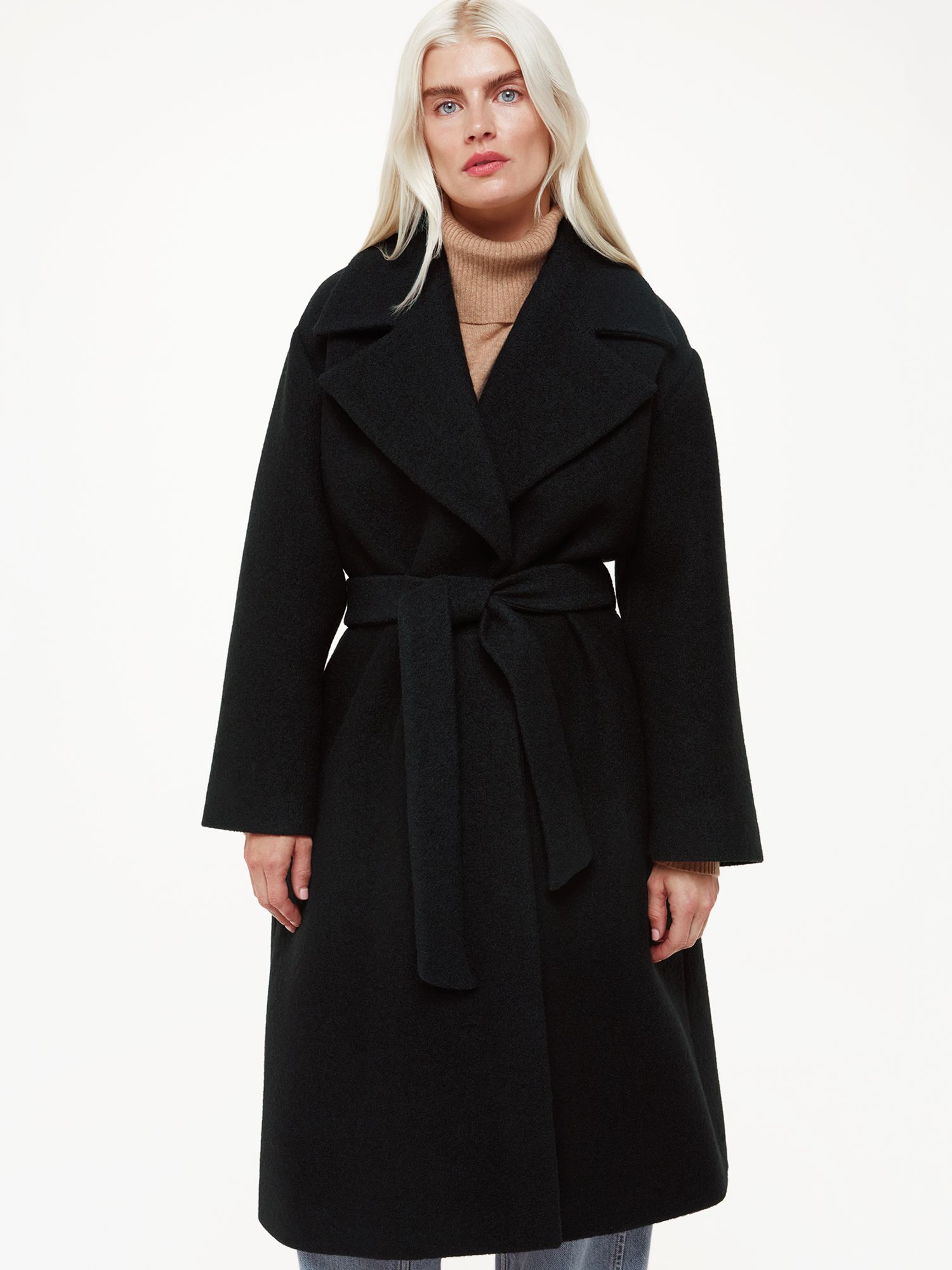Whistles Petite Lorna Wrap Wool Coat, Black at John Lewis & Partners
