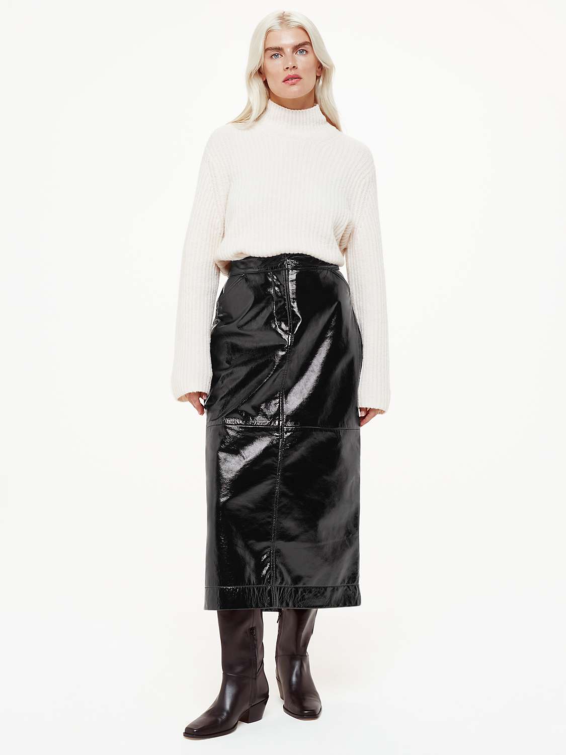 Buy Whistles Petite Rachel Midi Leather Skirt, Black Online at johnlewis.com