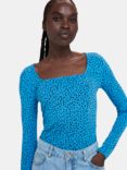 Whistles Micro Bouquet Sqaure Neck Top, Blue/Multi