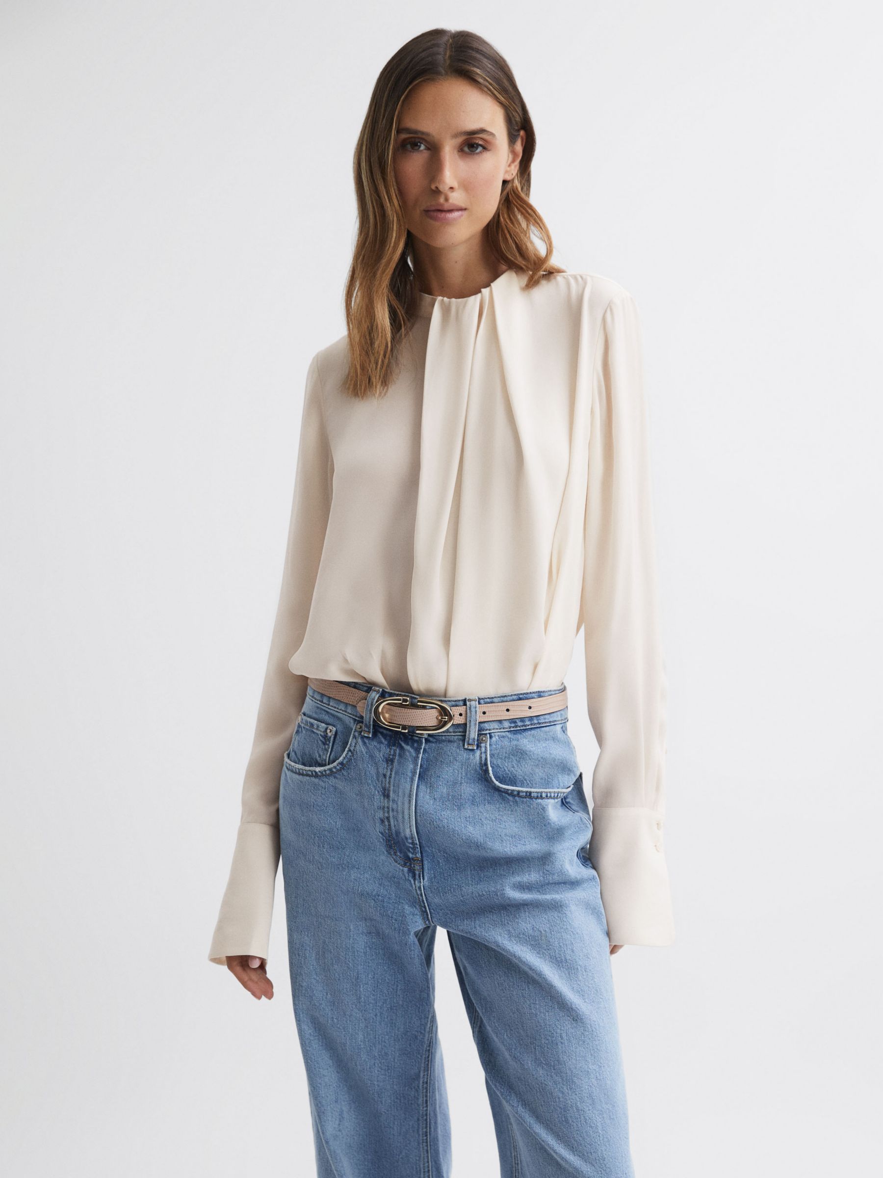 Reiss Palome Drape Trim Blouse, Cream