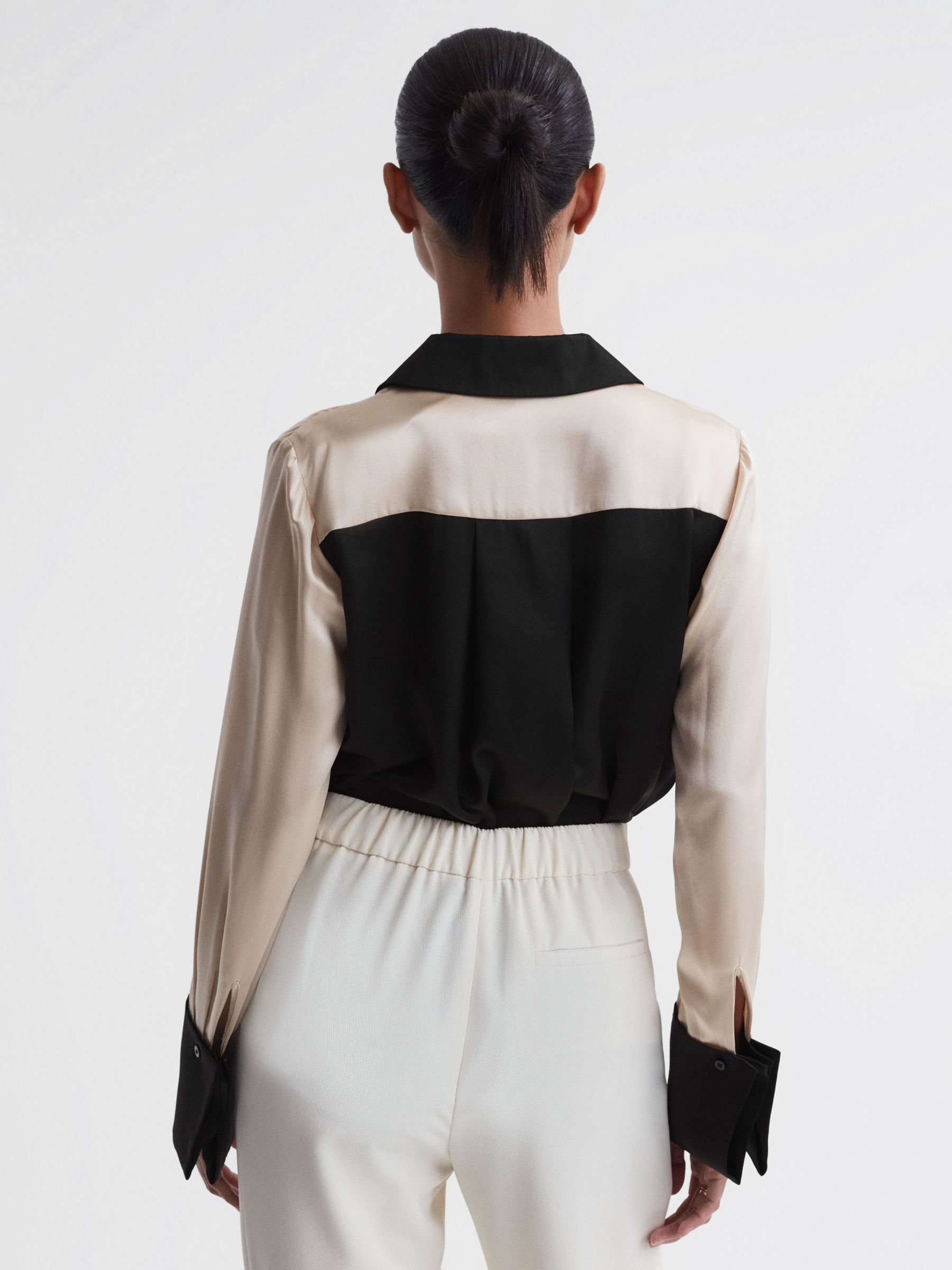 Reiss Lorey Colour Block Silk Shirt, Black/Champagne at John Lewis