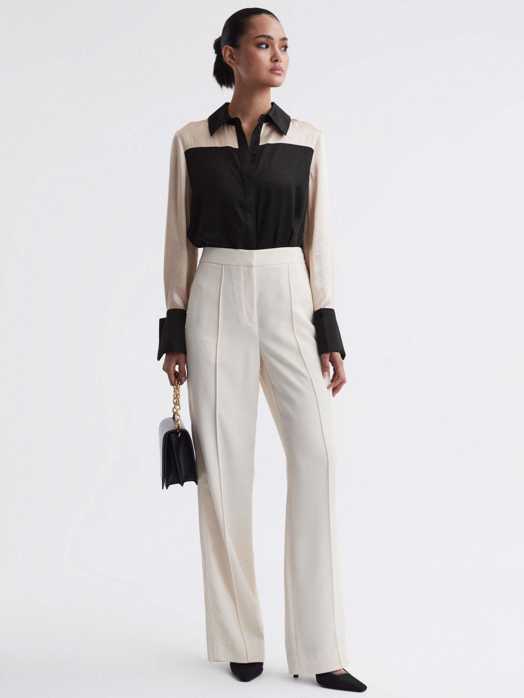 Reiss Lorey Colour Block Silk Shirt, Black/Champagne