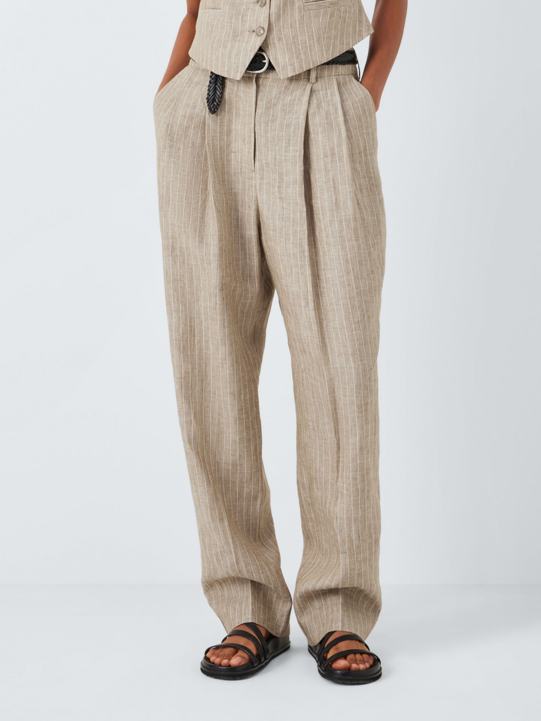 Linen-blend Pants - Light beige/striped - Ladies