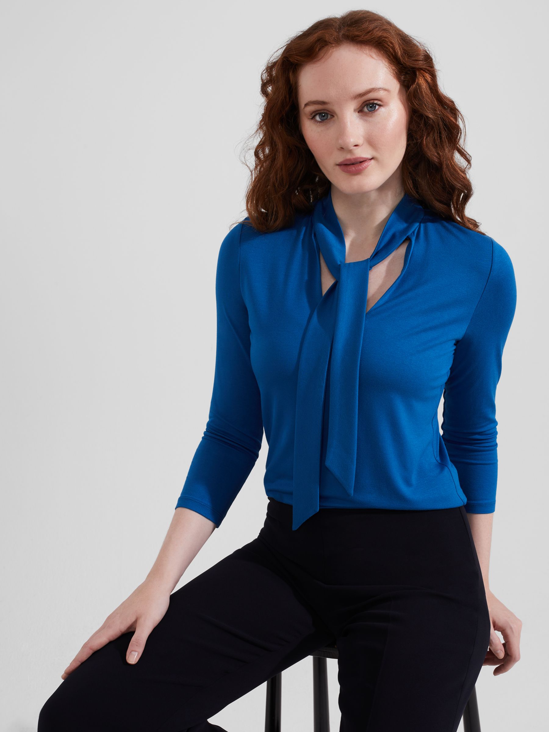 Hobbs Alba Tie Neck Top, Electric Blue at John Lewis & Partners