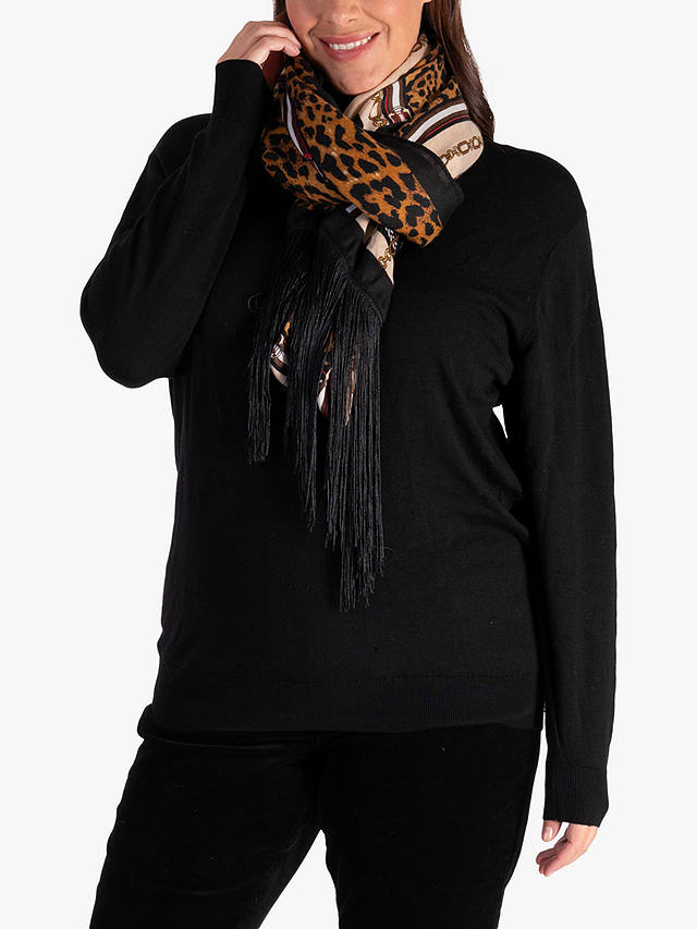 chesca Chain and Leopard Print Fringed Scarf, Black/Camel