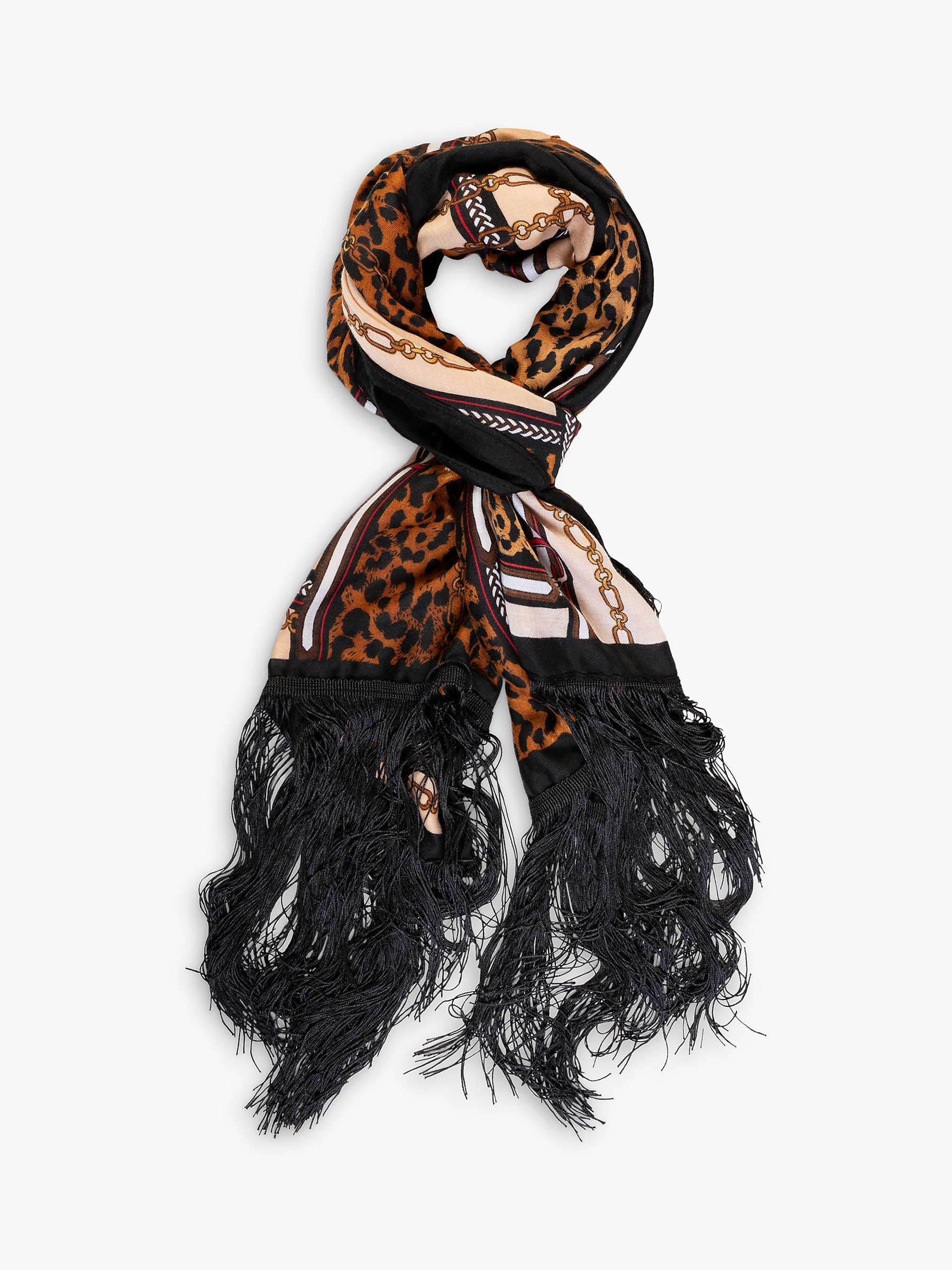Buy chesca Chain and Leopard Print Fringed Scarf, Black/Camel Online at johnlewis.com