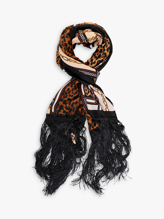 chesca Chain and Leopard Print Fringed Scarf, Black/Camel