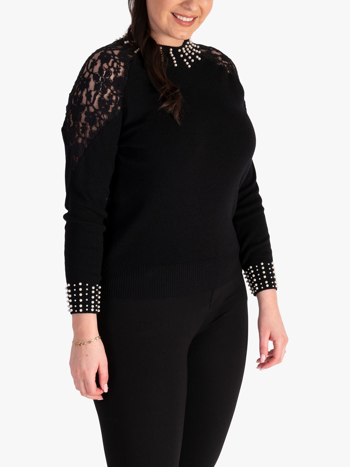 chesca Lace Detail and Pearl Trim Jumper, Black, 12-14