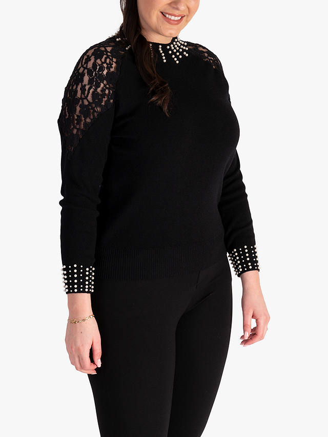 chesca Lace Detail and Pearl Trim Jumper, Black