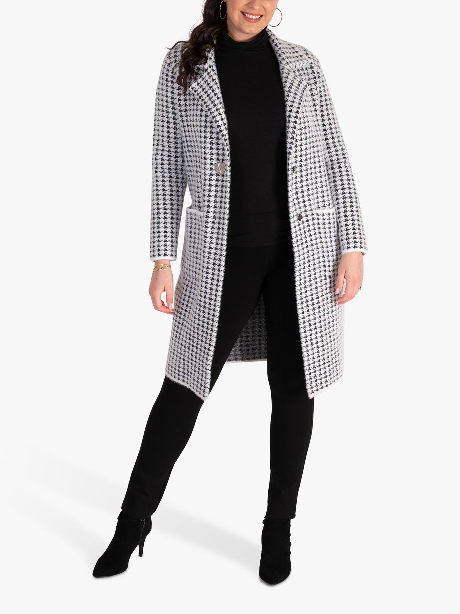 chesca Houndstooth Knee Length Coat, White/Black at John Lewis & Partners