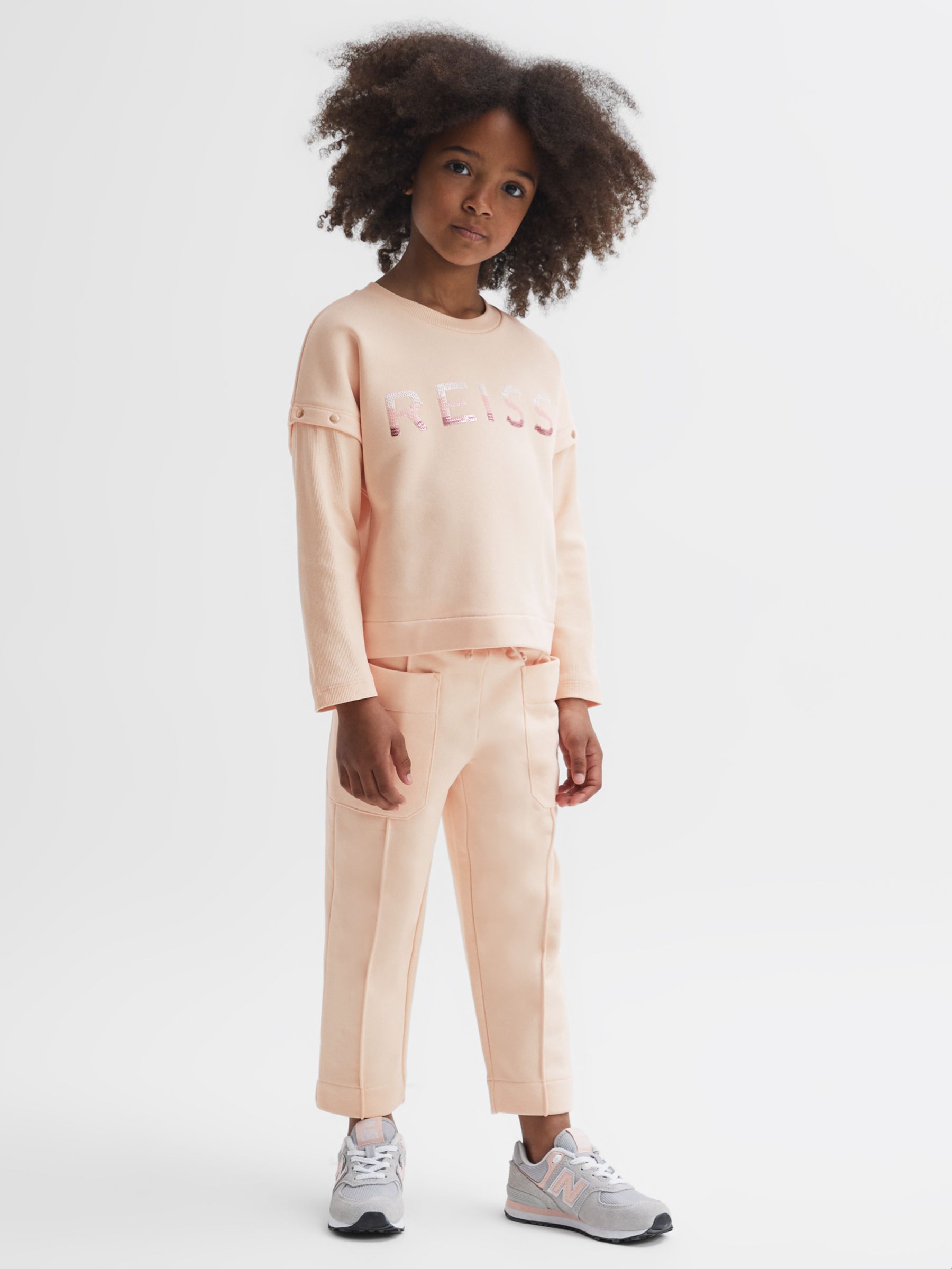 Reiss Kids' Etta Sequin Logo Detachable Sleeve Jersey Top, Pink at John ...