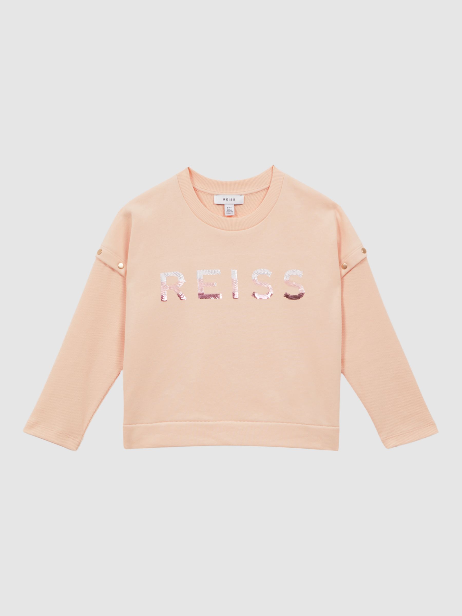 Reiss Kids' Etta Sequin Logo Detachable Sleeve Jersey Top, Pink, 11-12 years