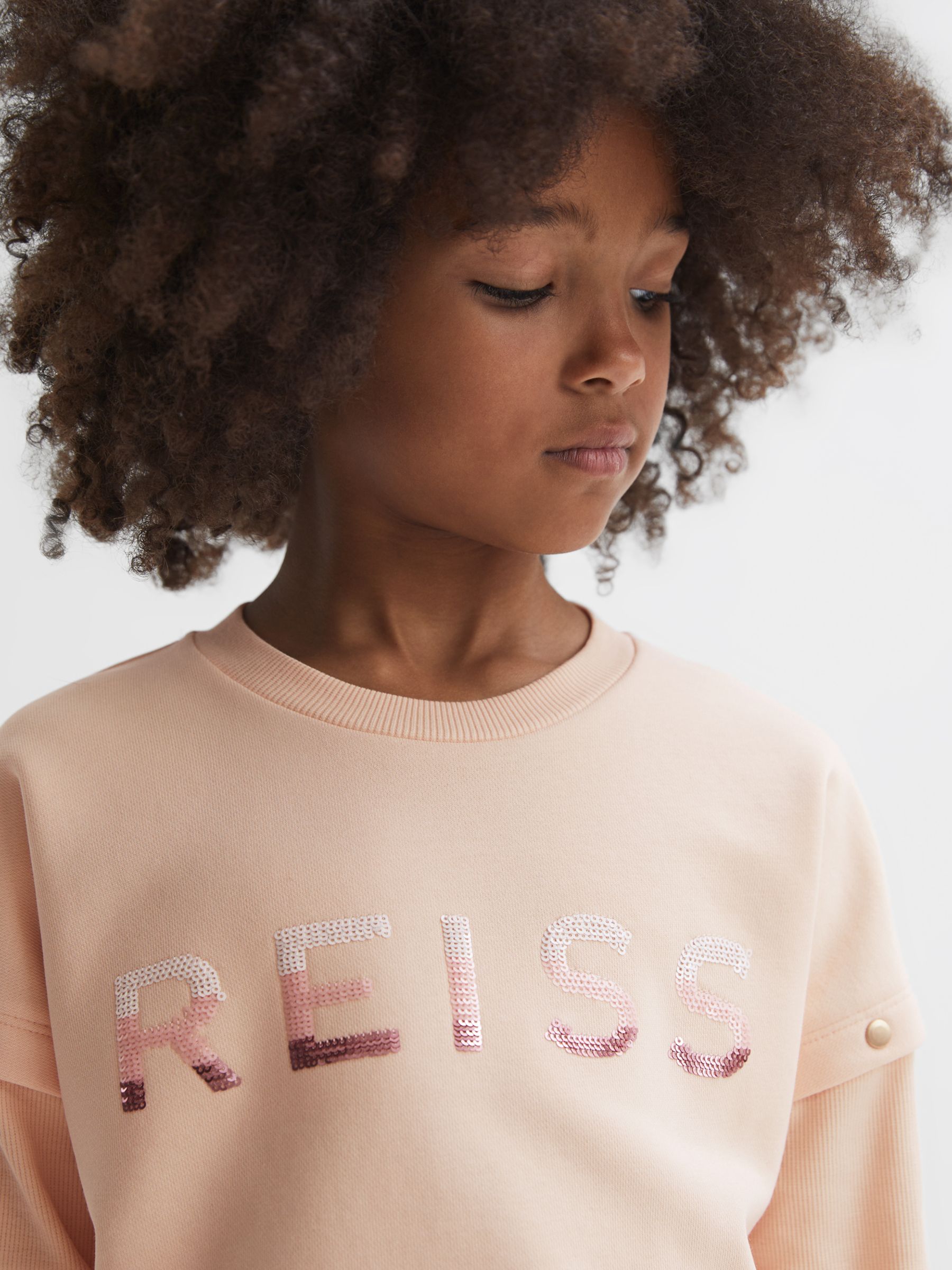 Reiss Kids' Etta Sequin Logo Detachable Sleeve Jersey Top, Pink, 11-12 years