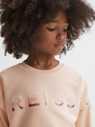 Reiss Kids' Etta Sequin Logo Detachable Sleeve Jersey Top, Pink
