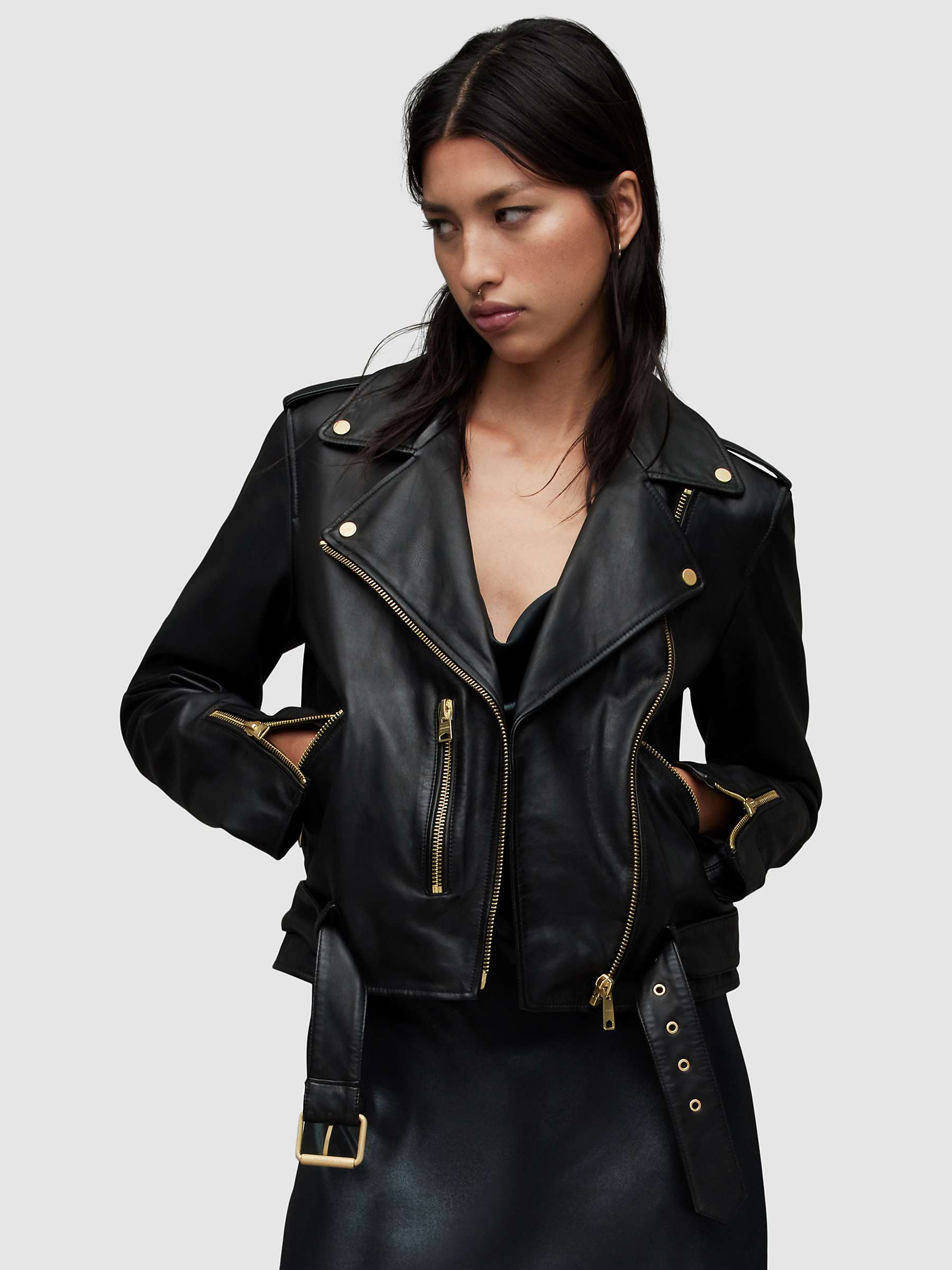 Buy AllSaints Balfern Leather Biker Jacket, Black/Gold Online at johnlewis.com