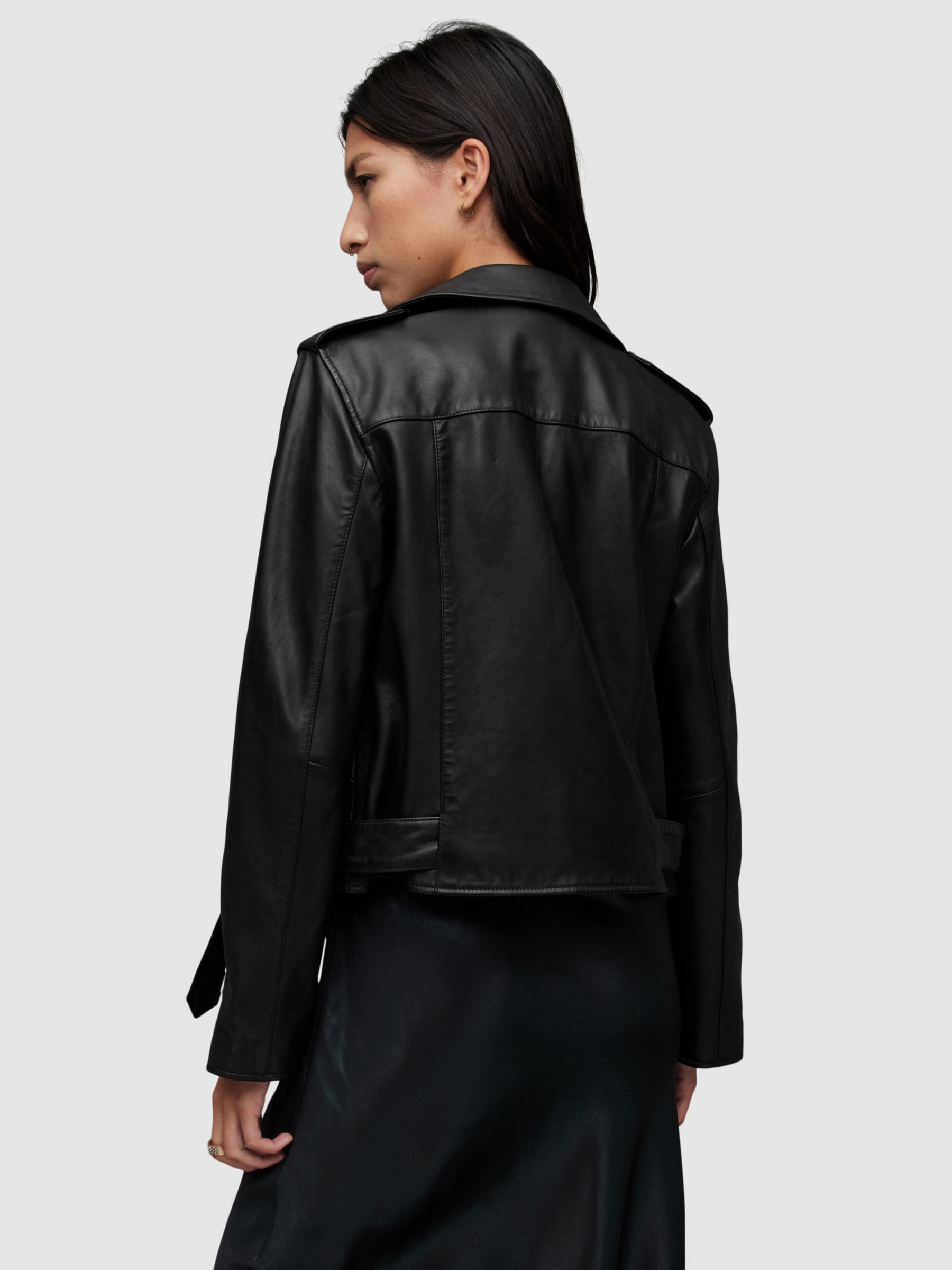 AllSaints Balfern Leather Biker Jacket, Black/Gold at John Lewis & Partners