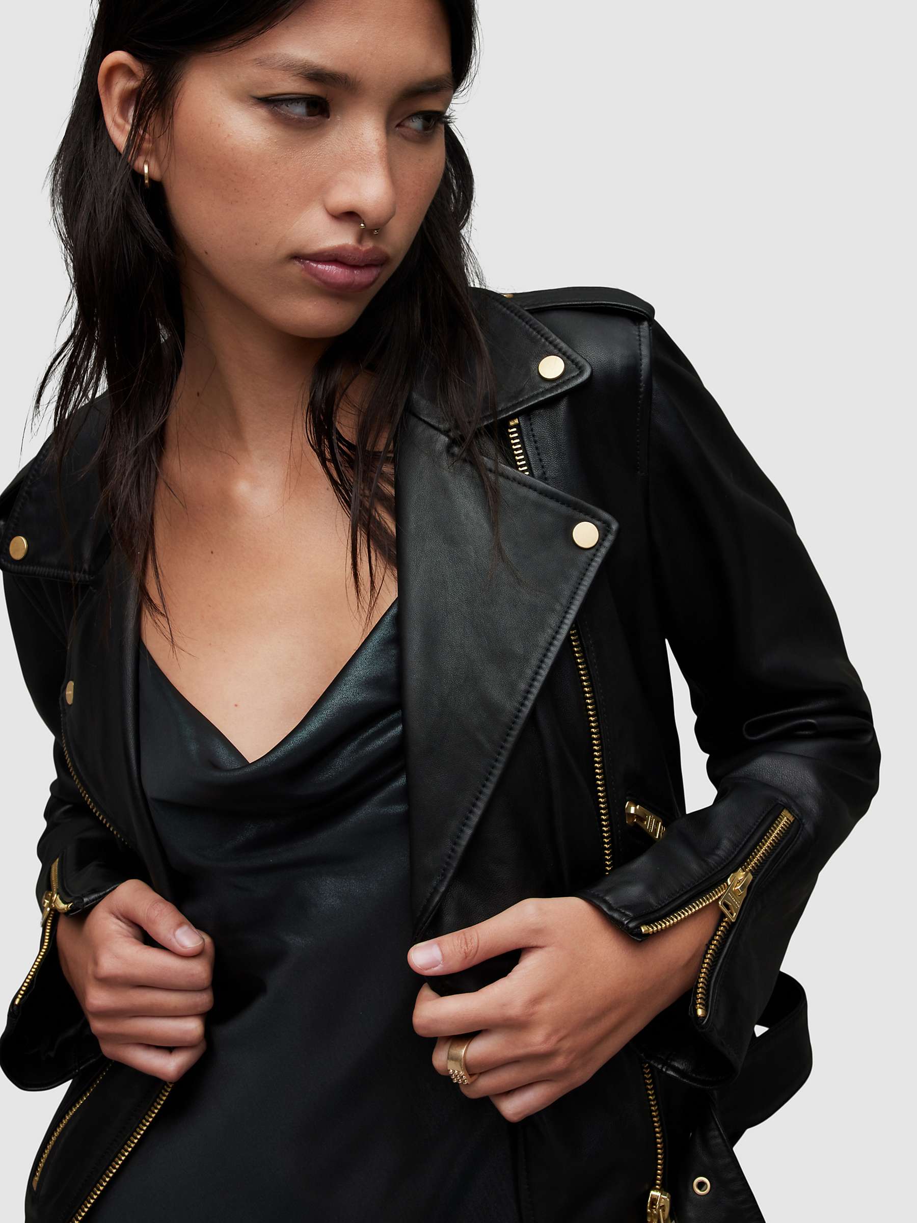 Buy AllSaints Balfern Leather Biker Jacket, Black/Gold Online at johnlewis.com