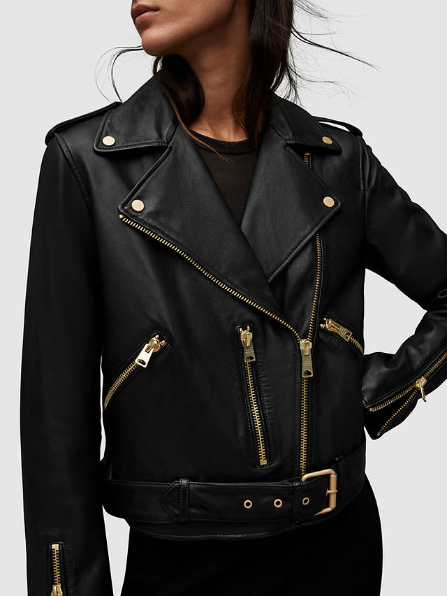 AllSaints Balfern Leather Biker Jacket, Black/Gold