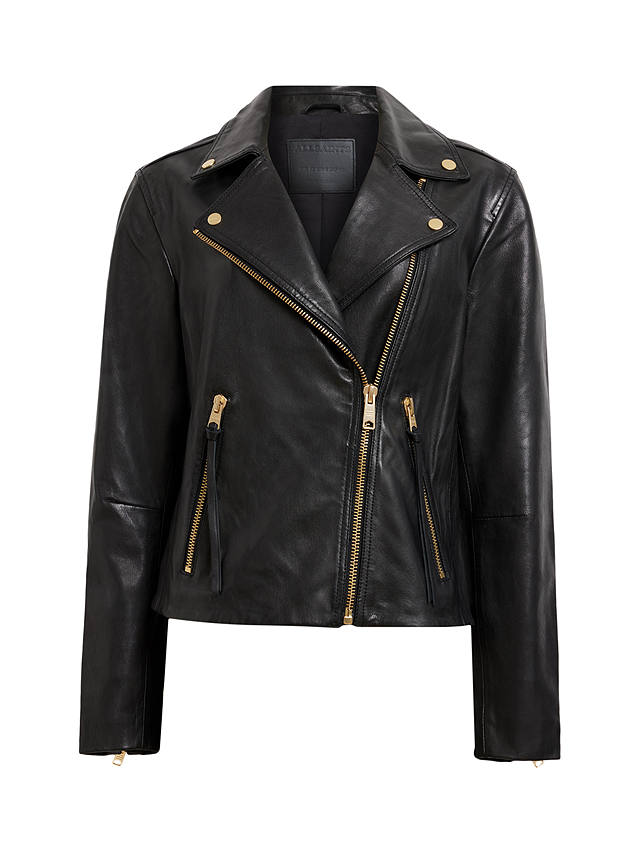 AllSaints Dalby Leather Biker Jacket, Black/Gold
