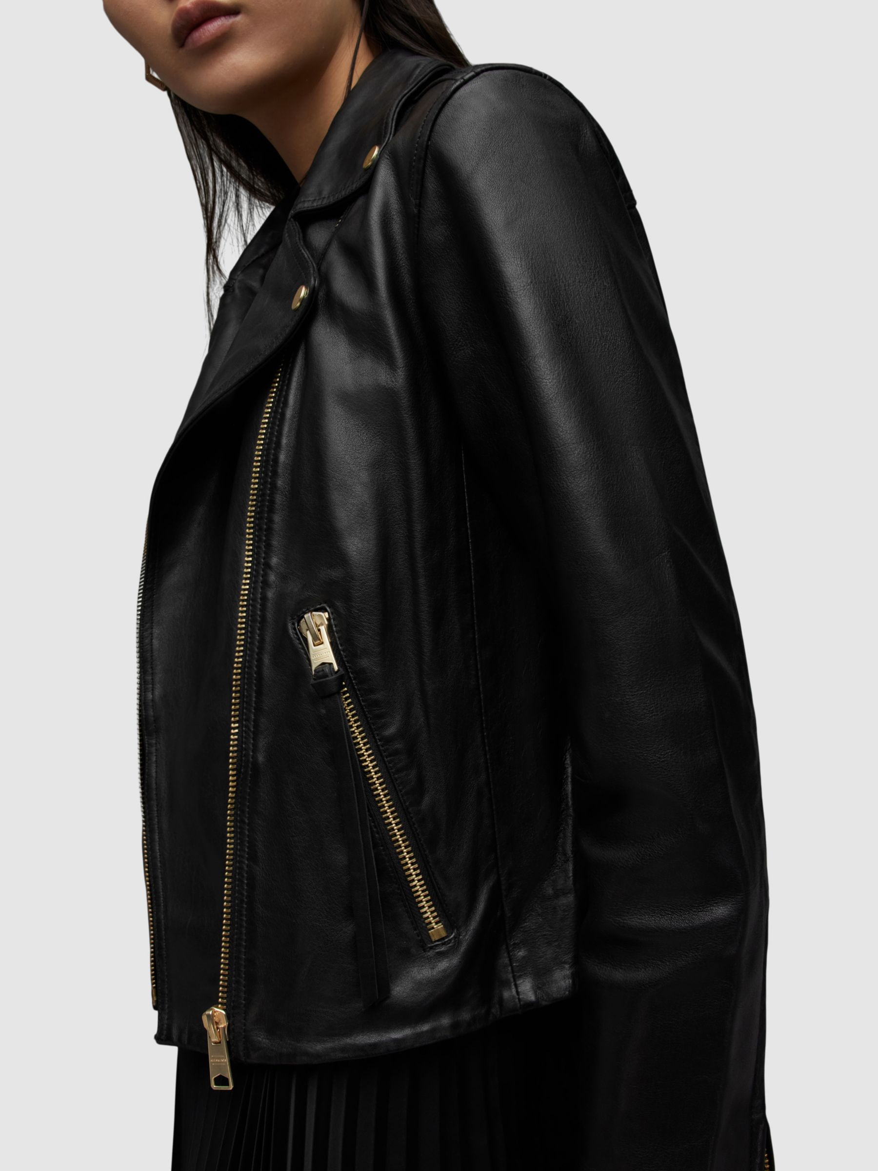 AllSaints Dalby Leather Biker Jacket, Black/Gold at John Lewis & Partners