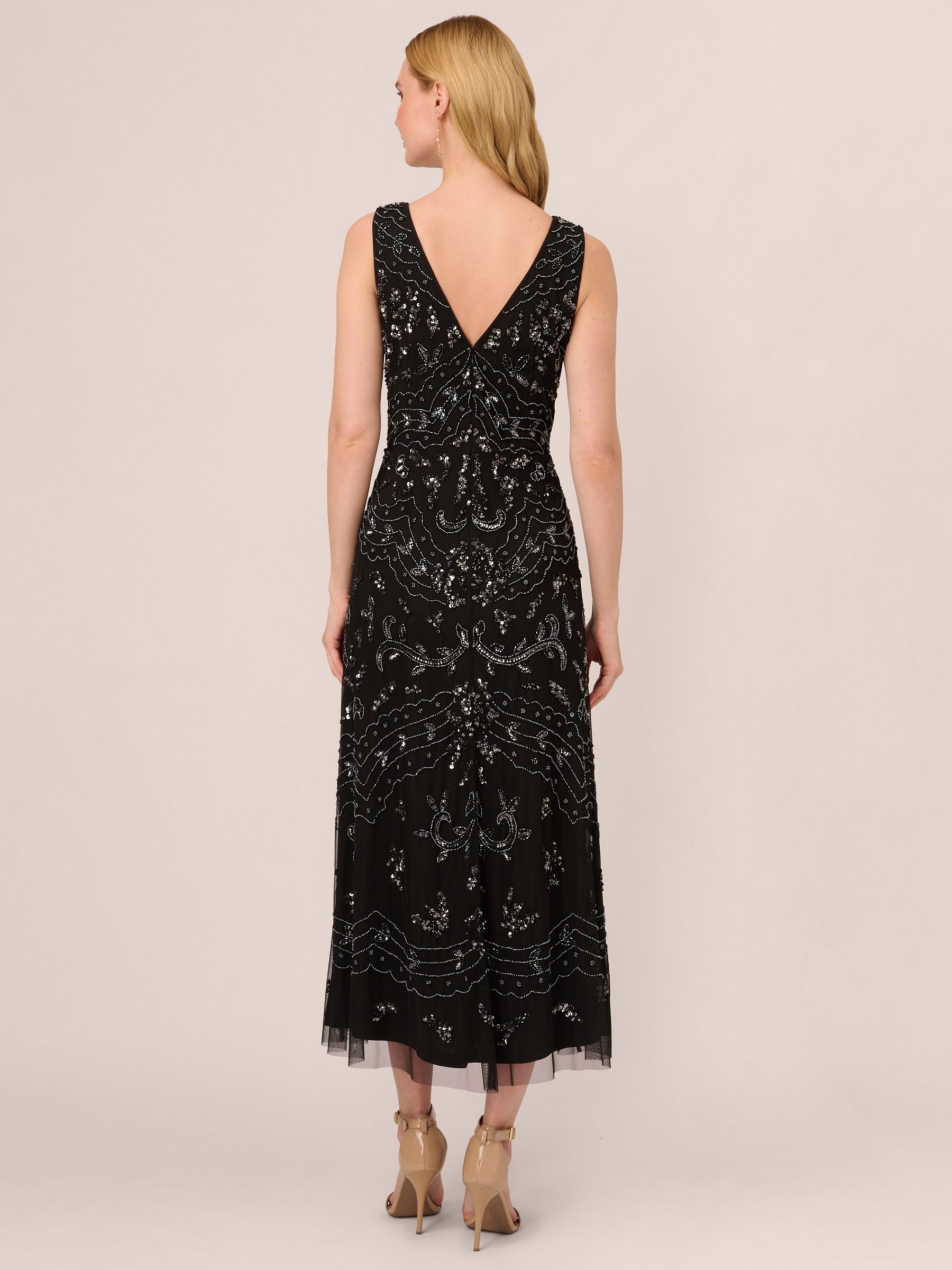 Adrianna Papell Beaded Midi Dress Black Gunmetal