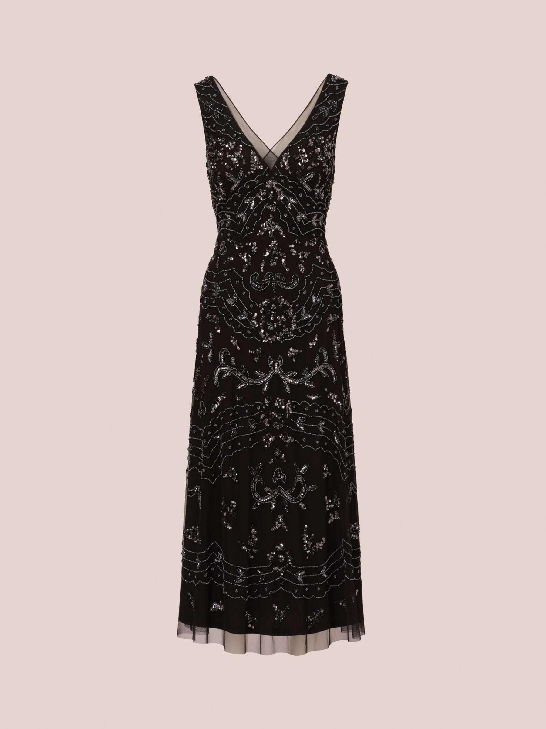 Adrianna Papell Beaded Midi Dress Black Gunmetal