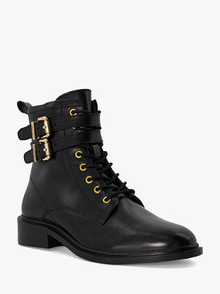 Dune Phyllis Leather Double Buckle Lace Up Boots, Black