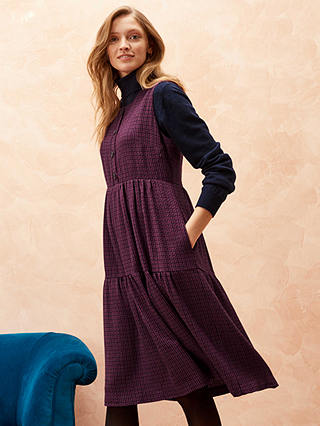 Brora Wool Blend Textured Weave Checked Pinafore Dress, Midnight & Rose