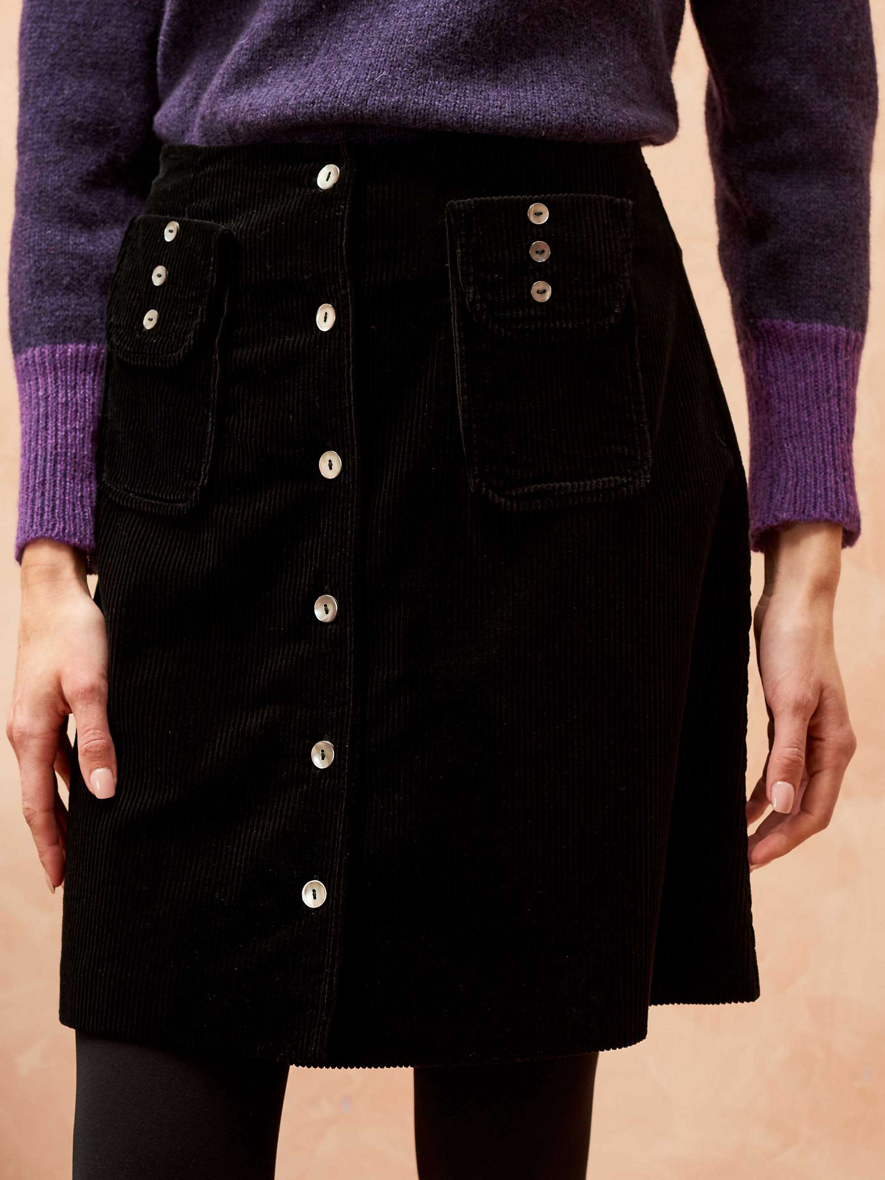Buy Brora Corduroy Button A-Line Skirt, Black Online at johnlewis.com
