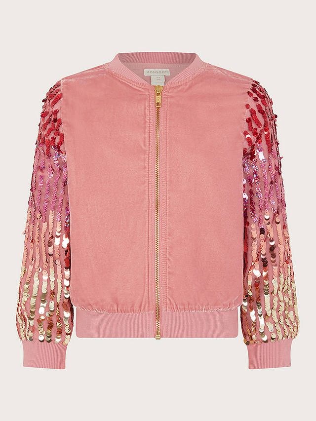 Monsoon Kids' Sequin Velvet Bomber Jacket, Pink/Multi