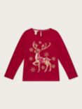 Monsoon Kids' Christmas Sequin Embroidered Reindeer Long Sleeve Top, Red