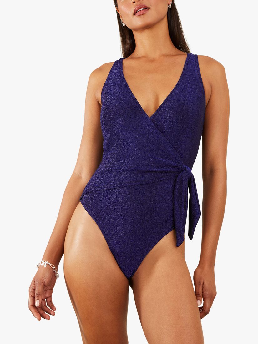 Accessorize Tie-Waist Detail Shimmer Swimsuit, Blue, 6