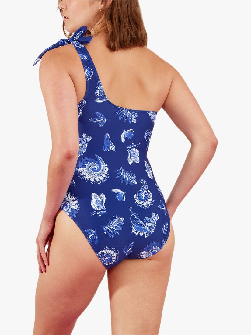 Accessorize Leaf Print One Shoulder Swimsuit, Blue, 6