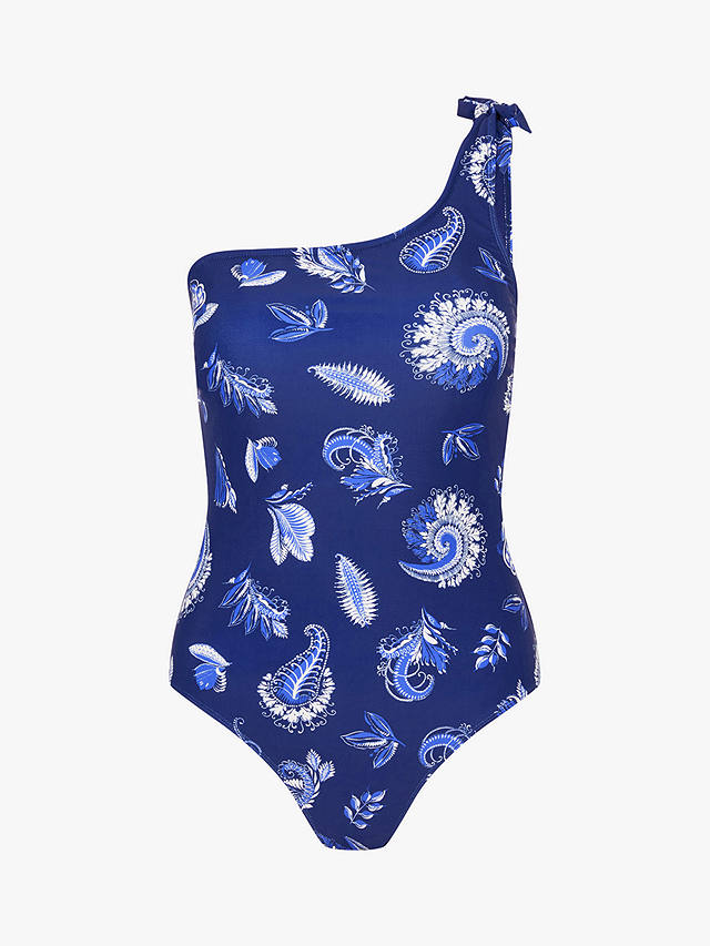 Accessorize Leaf Print One Shoulder Swimsuit, Blue