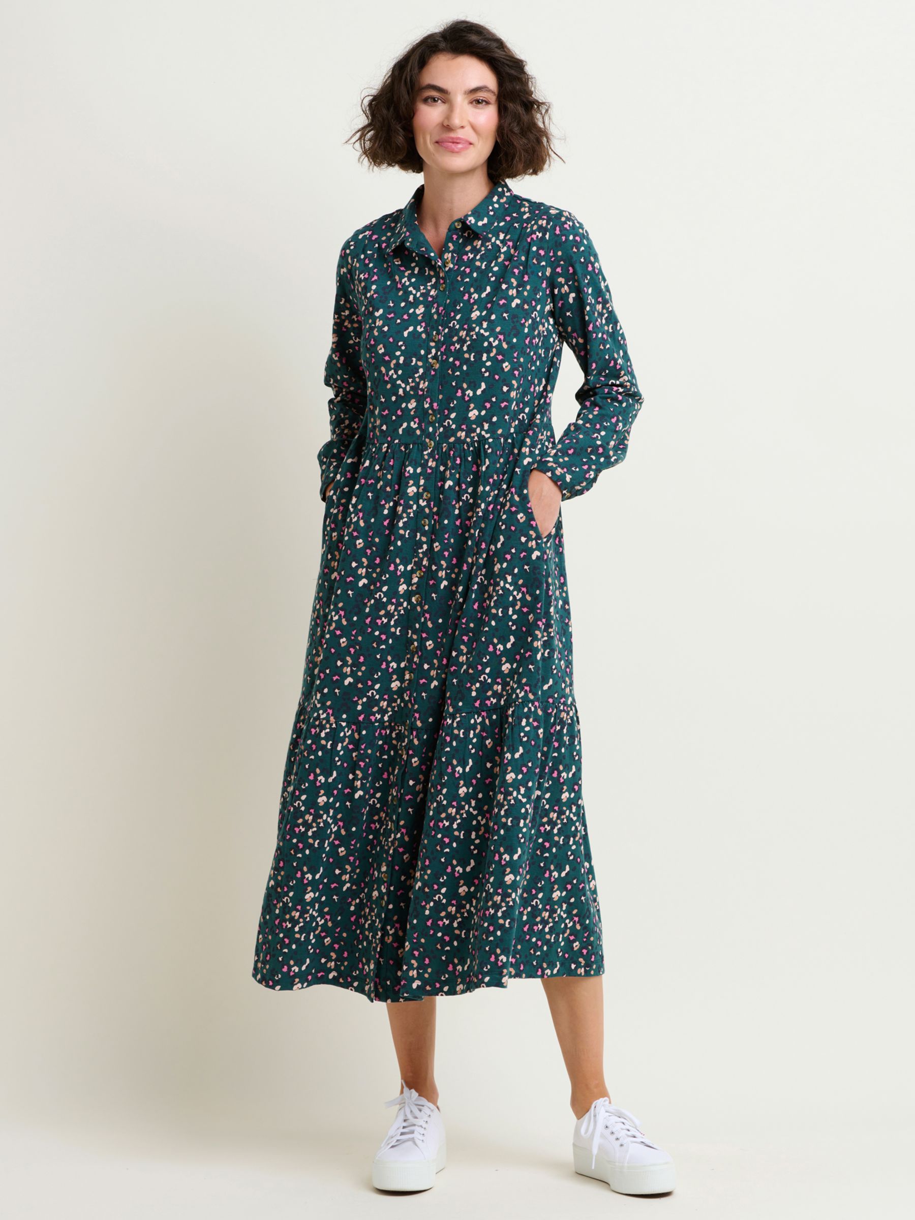 Brakeburn Leopard Spot Cotton Midi Shirt Dress, Teal/Multi at John ...