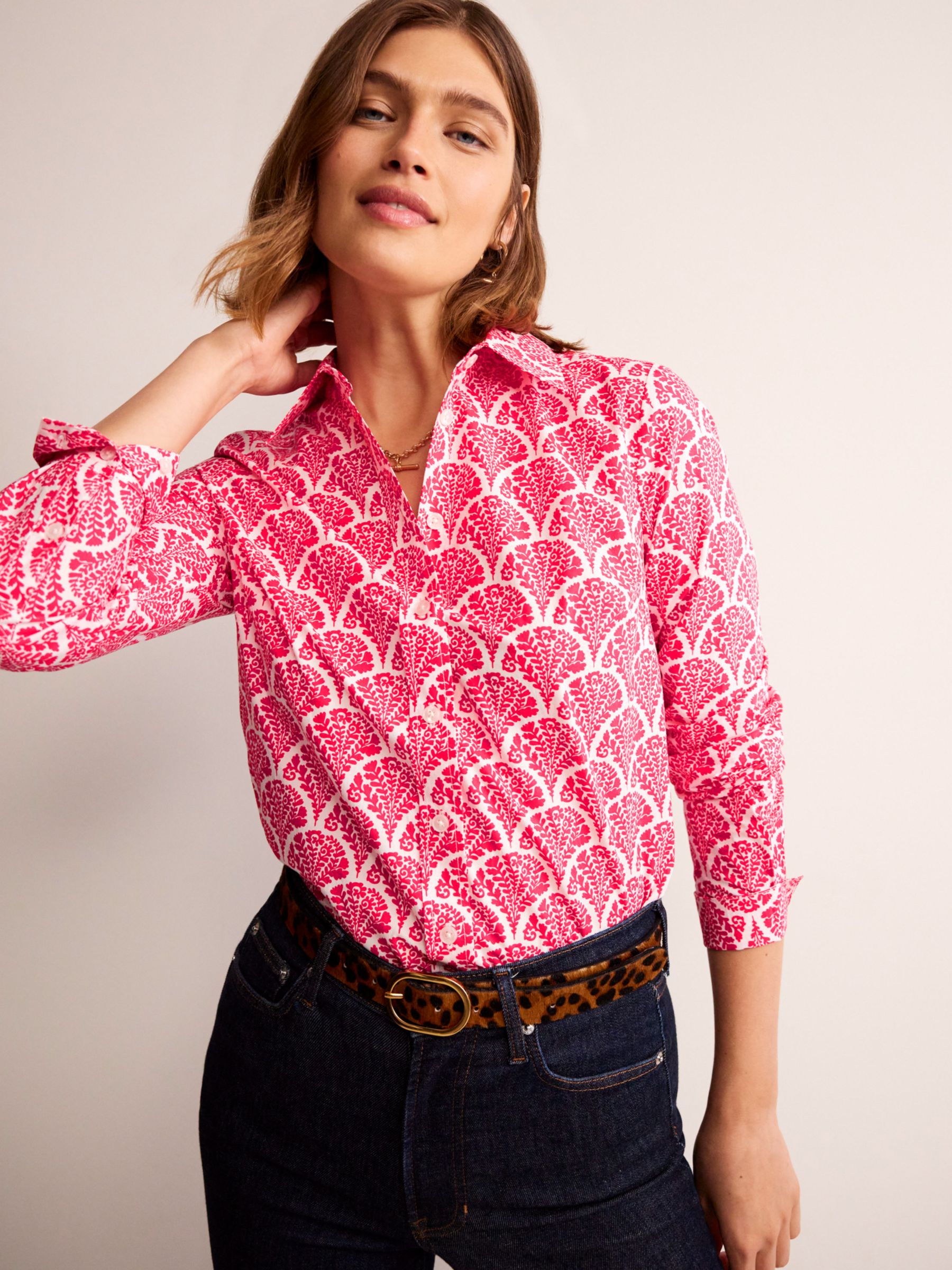 Boden Sienna Floral Cotton Shirt, Pink/White at John Lewis & Partners