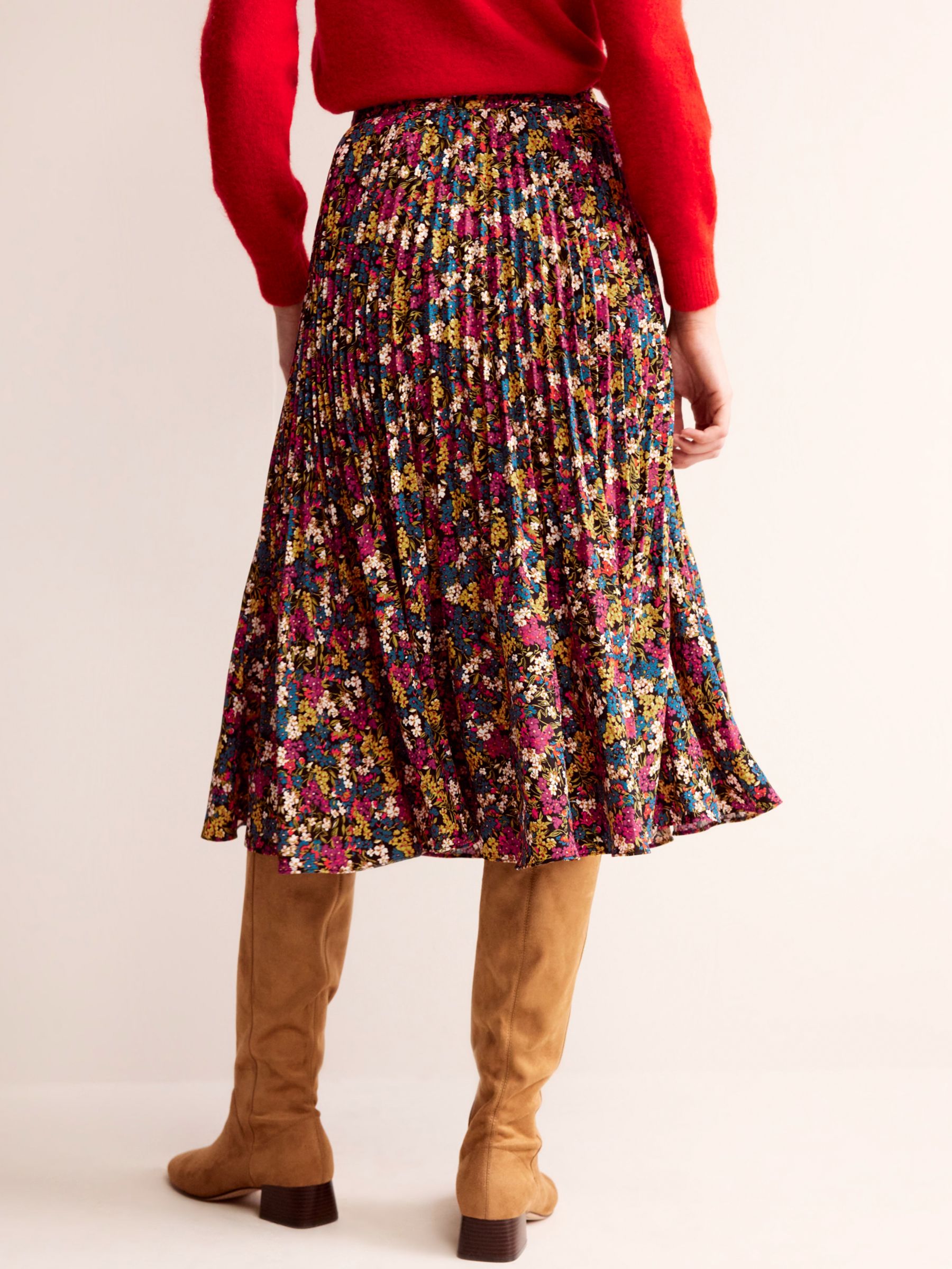 Boden Pleated Floral Midi Skirt, Multi at John Lewis & Partners