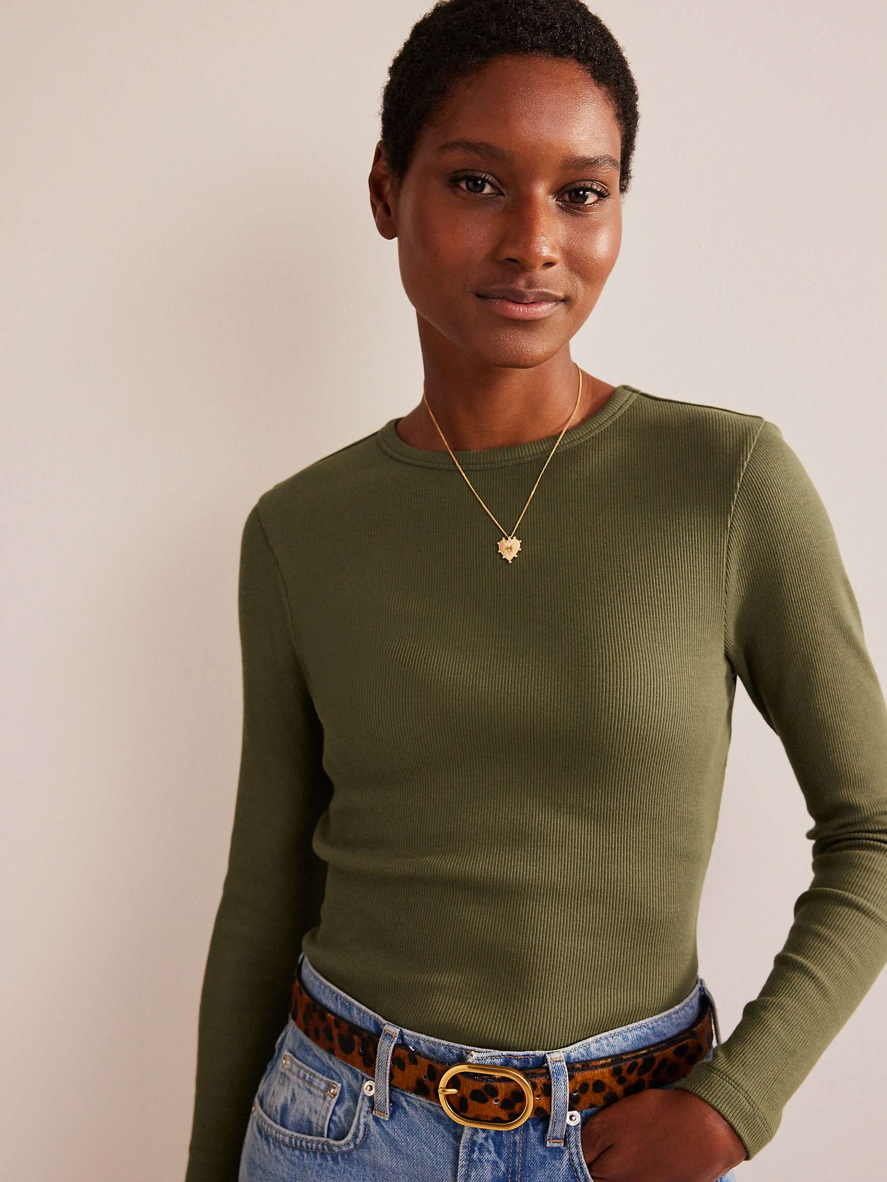 Boden Cotton Ribbed Long Sleeve Top, Spruce at John Lewis & Partners
