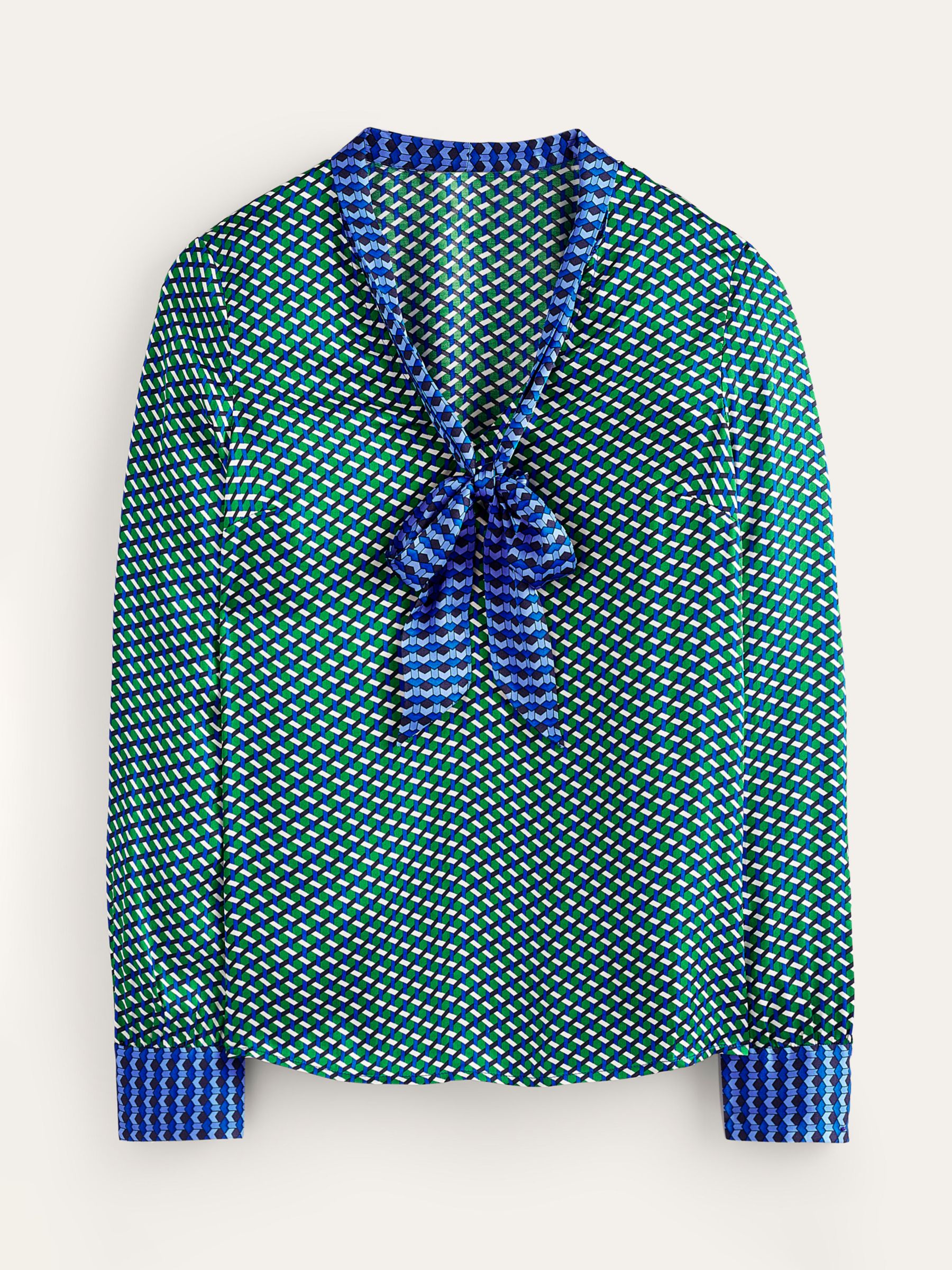 Boden Geometric Print Pussybow Blouse, Bright Green/Multi at John Lewis ...