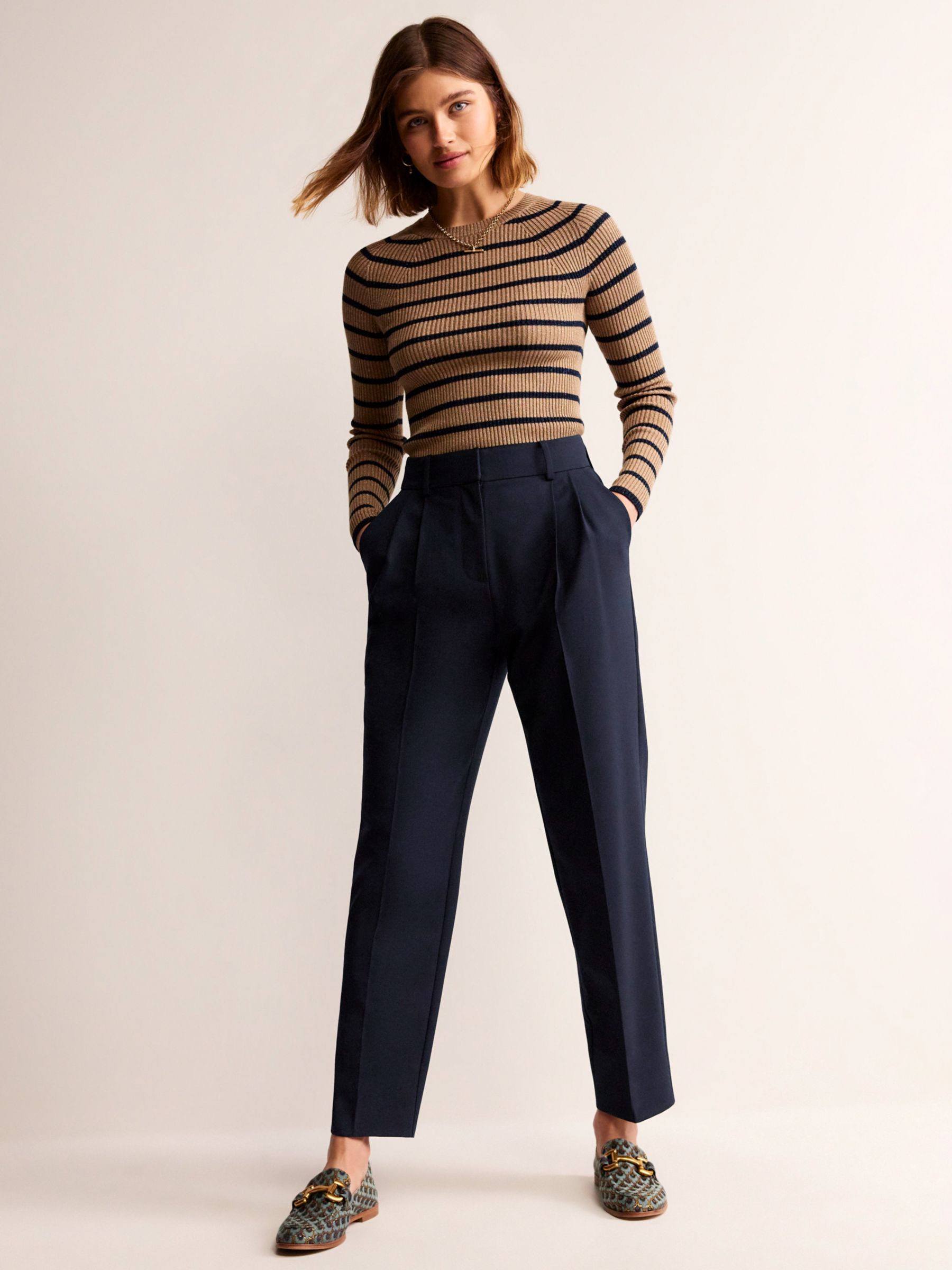 Boden Pleat-Front Tapered Trousers, Navy at John Lewis & Partners