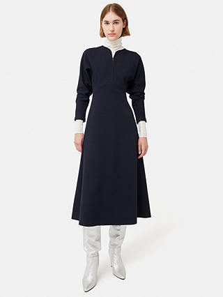 Jigsaw Heavy Crepe Jersey Zip Midi Dress, Navy