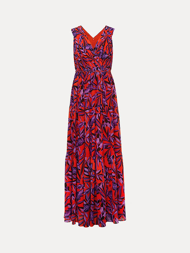 Phase Eight Recycled Leaf Print Pleated Maxi Dress, Vermillion/Multi