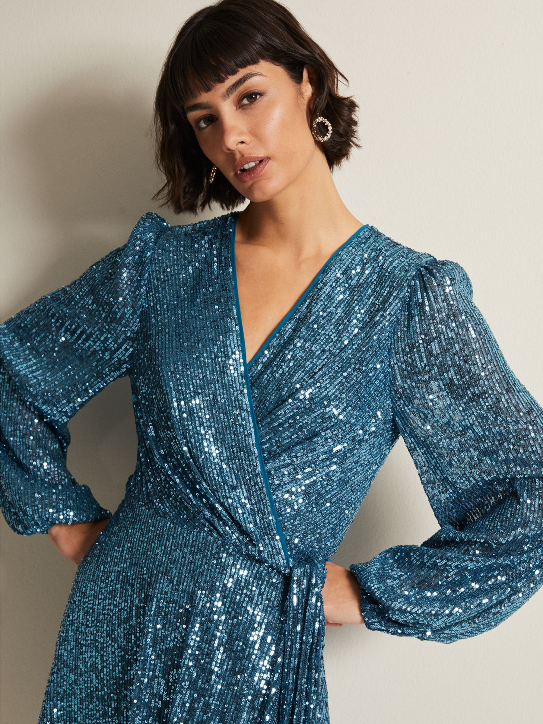 Phase Eight Carissa Sequin Wrap Mini Dress, Teal at John Lewis & Partners